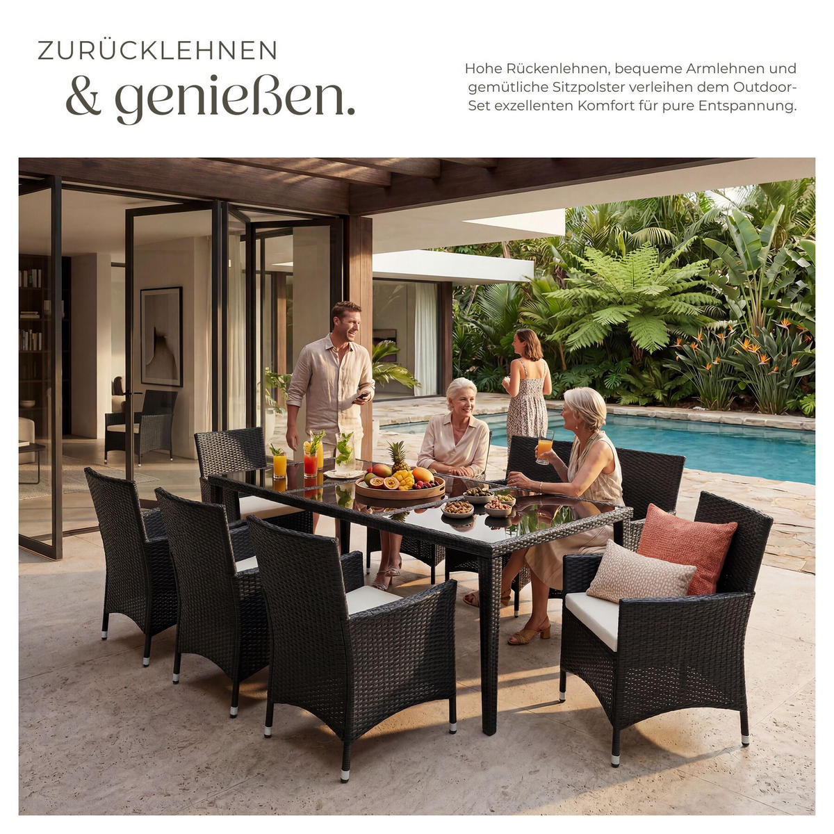 RATTAN-SITZGRUPPE aus Aluminium Menorca, inklusive Schutzhülle, schwarz - Schwarz, Kunststoff - tectake