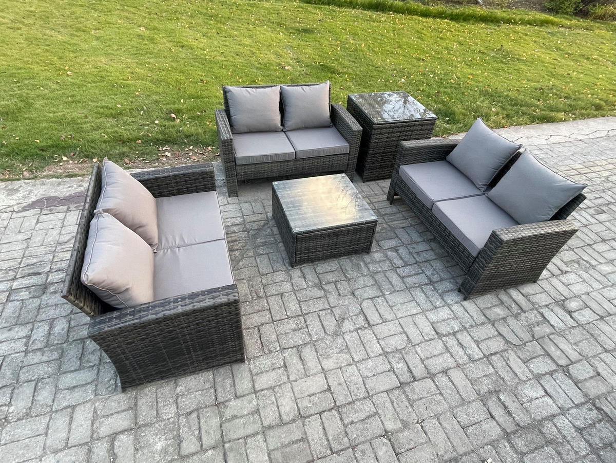GARTENMÖBEL-SET mit Kissen Polyrattan Dunkelgrau 6-Sitzer - Dunkelgrau, Metall - Fimous