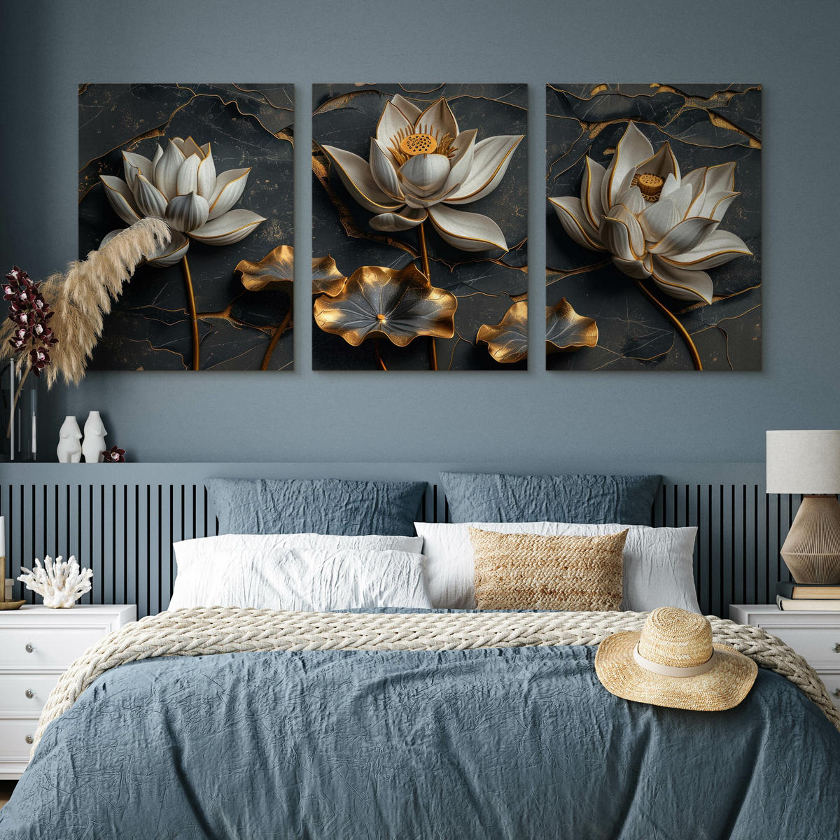 LEINWANDBILDER 3-es Set Blumen 3D Marmor - Schwarz/Weiß, Textil (90/40cm) - Muralo