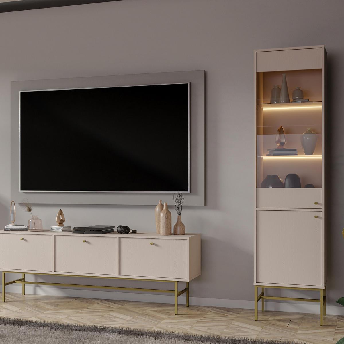VITRINENSCHRÄNK FLOREN, Creme/Gold - Creme, Holzwerkstoff/Metall (51.8/207.5/40.8cm) - KONSIMO®