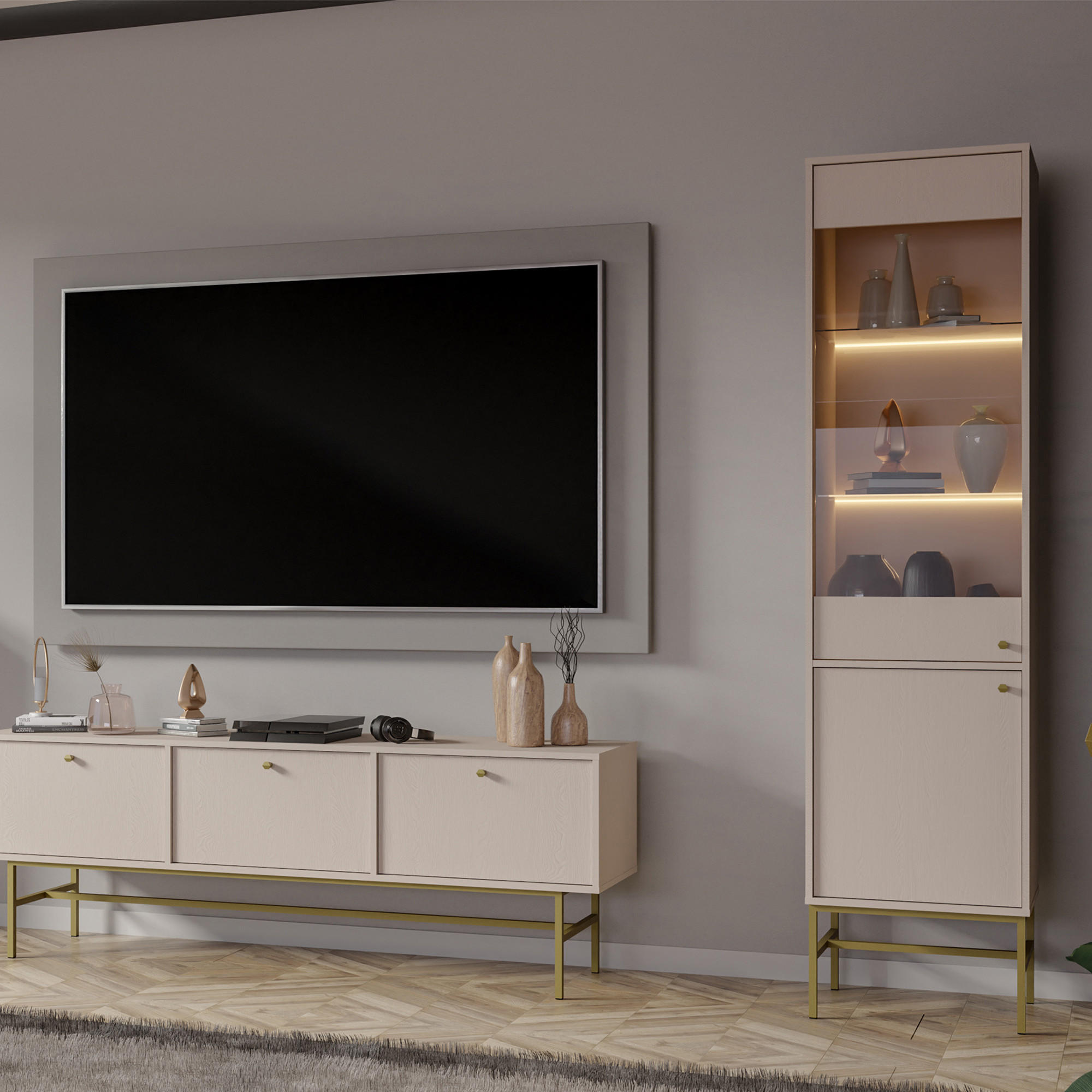 Thumbnail - Konsimo® Vitrinenschränk, Creme, Holzwerkstoff, Metall, 3 Fächer, 51.8x207.5x40.8 cm, Wohnzimmer, Wohnwände, Vitrinensch...