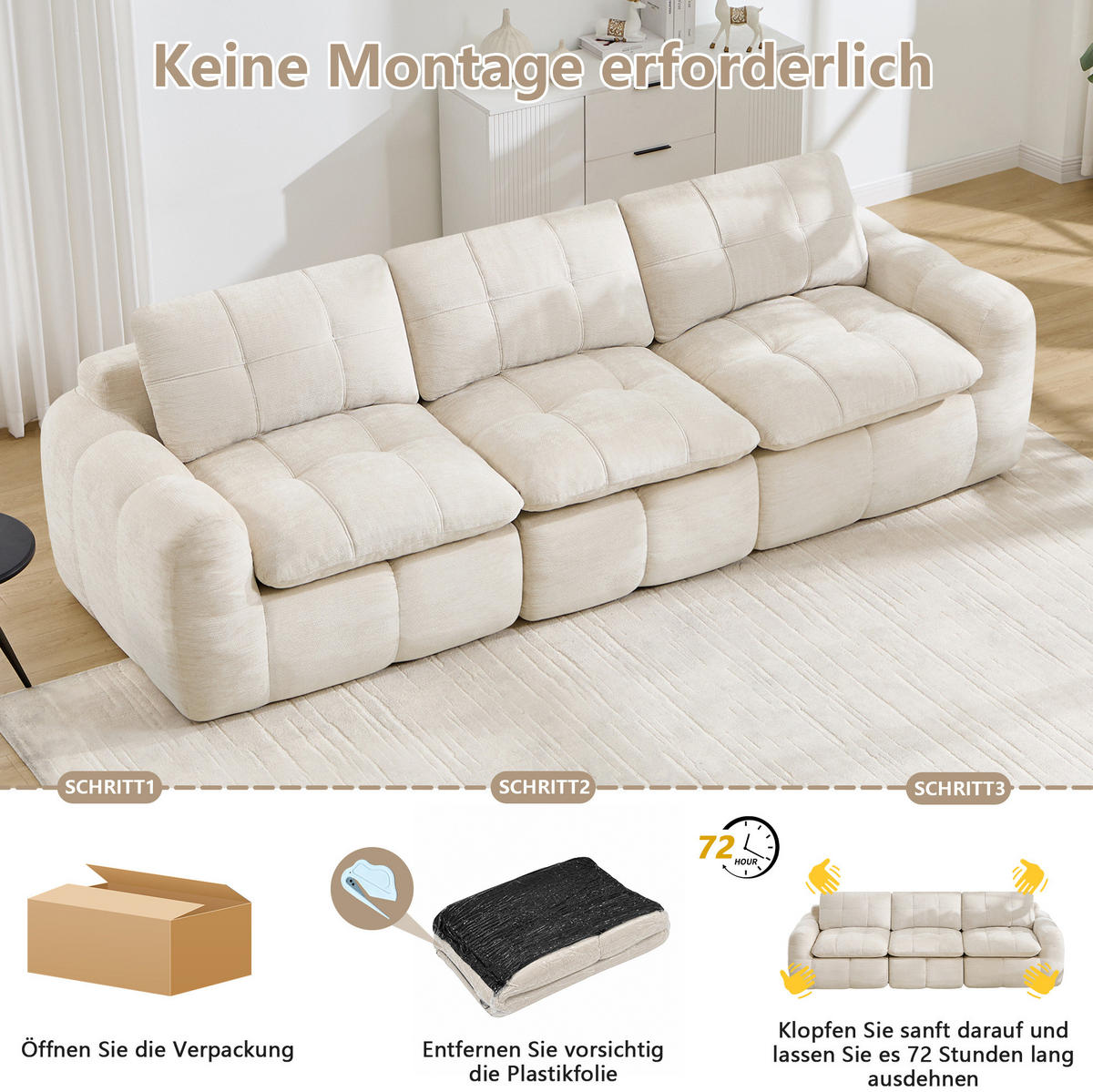 SOFA 264/97/68 cm in Beige aus Chenille mit ergonomischem Komfort - Beige, Textil (97/68/264cm) - Flora Grace