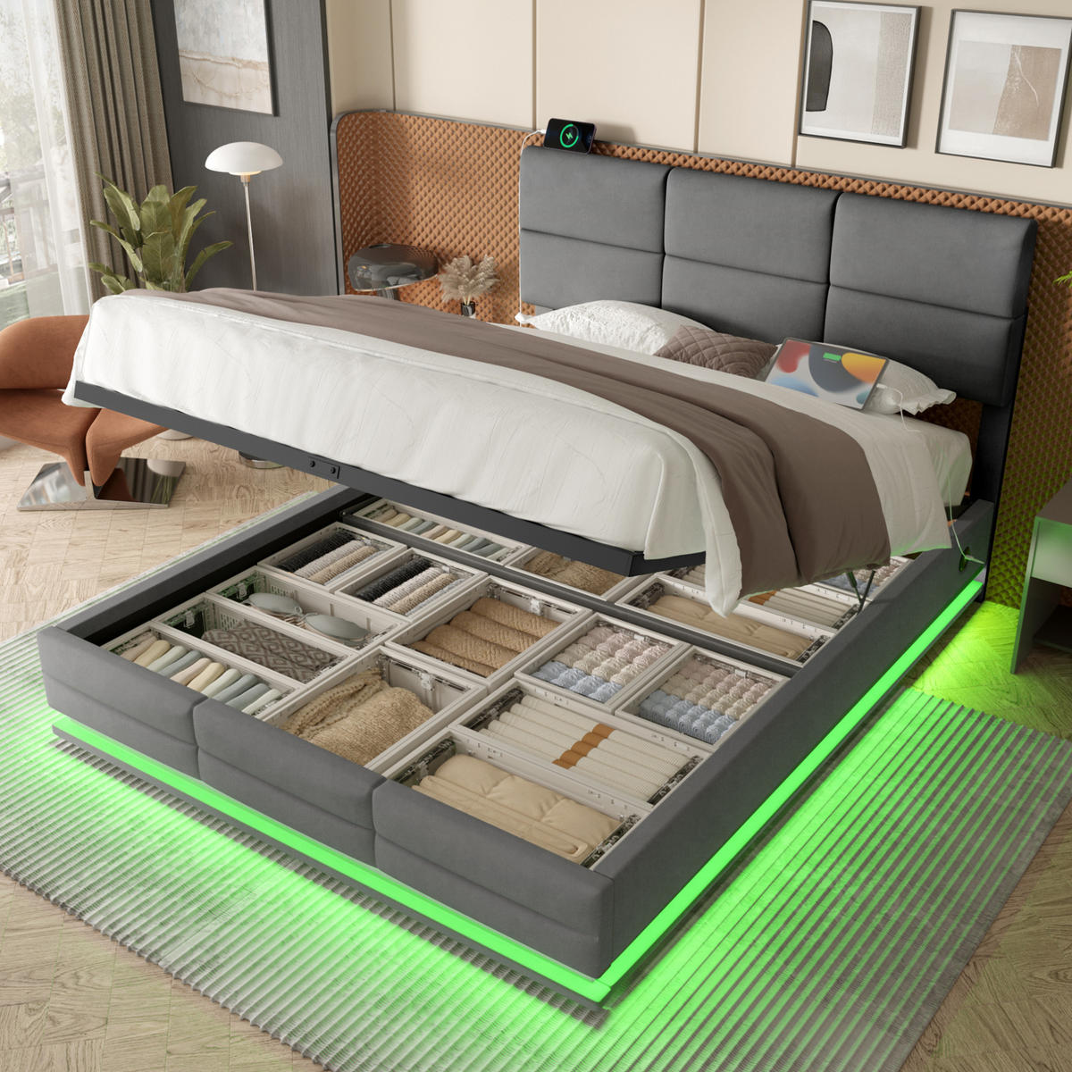 BETT mit Stauraum 160x200 cm Samt Grau mit LED und USB - Dunkelgrau, Metall (160/200cm) - Meubliv