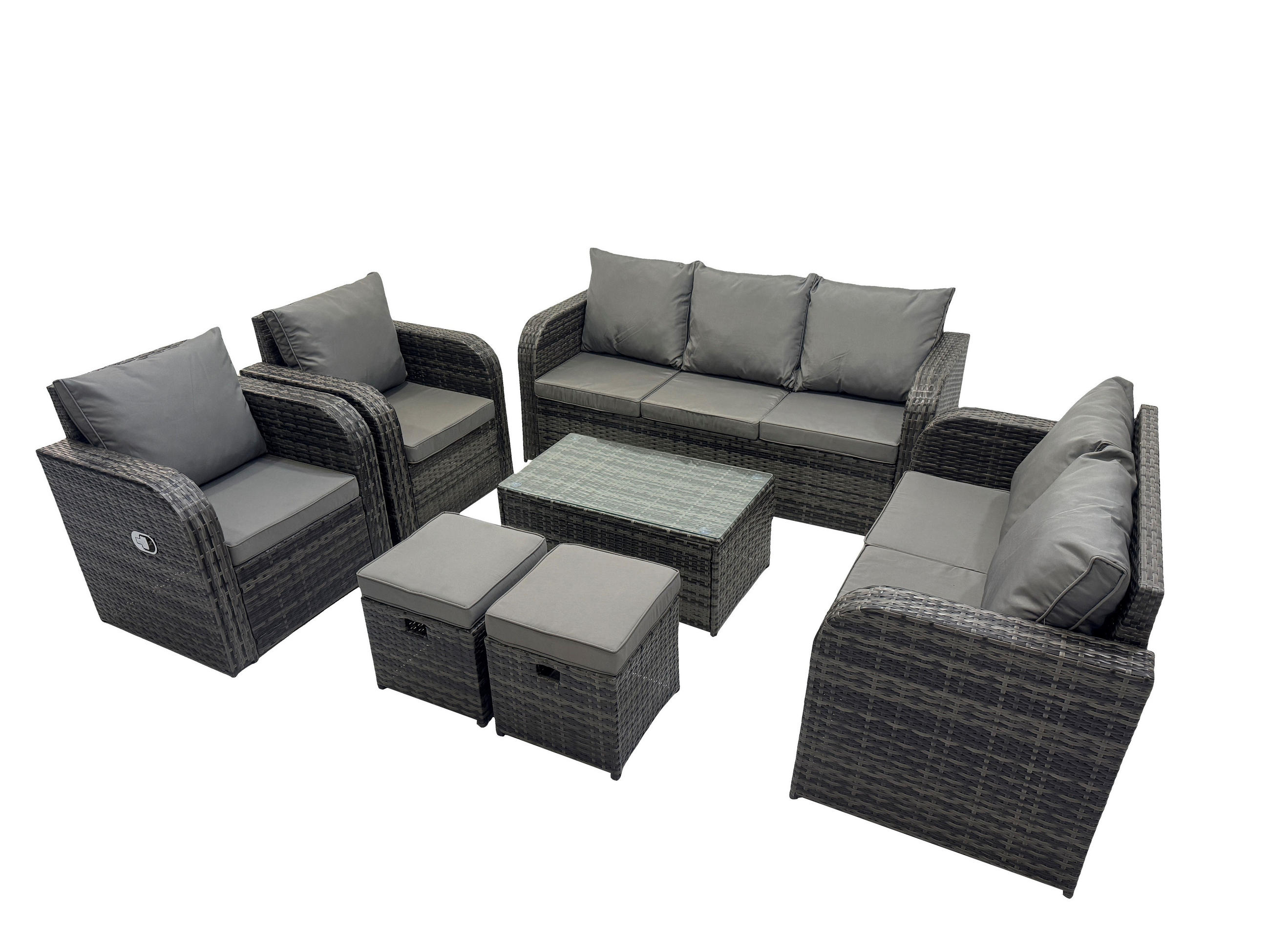 GARTENMÖBELSET mit Couchtisch Polyrattan 9-Sitzer - Dunkelgrau/Grau, Glas/Kunststoff - Fimous