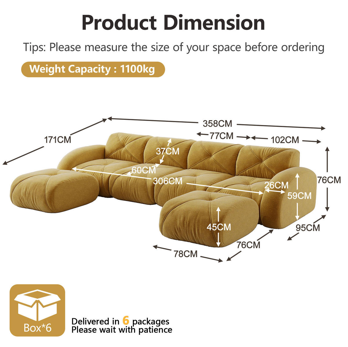 SOFA Modulsofa 4-Sitzer Chenille Yellow mit 2 Hockern - Gelb, Kunststoff (171/76/358.1cm) - Meubliv