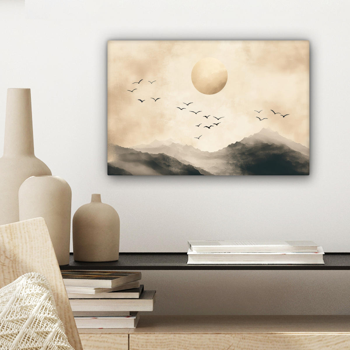 LEINWANDBILD Landschaft - Japandi - Vogel 30x20 cm - Beige, Textil (30/20cm) - MuchoWow