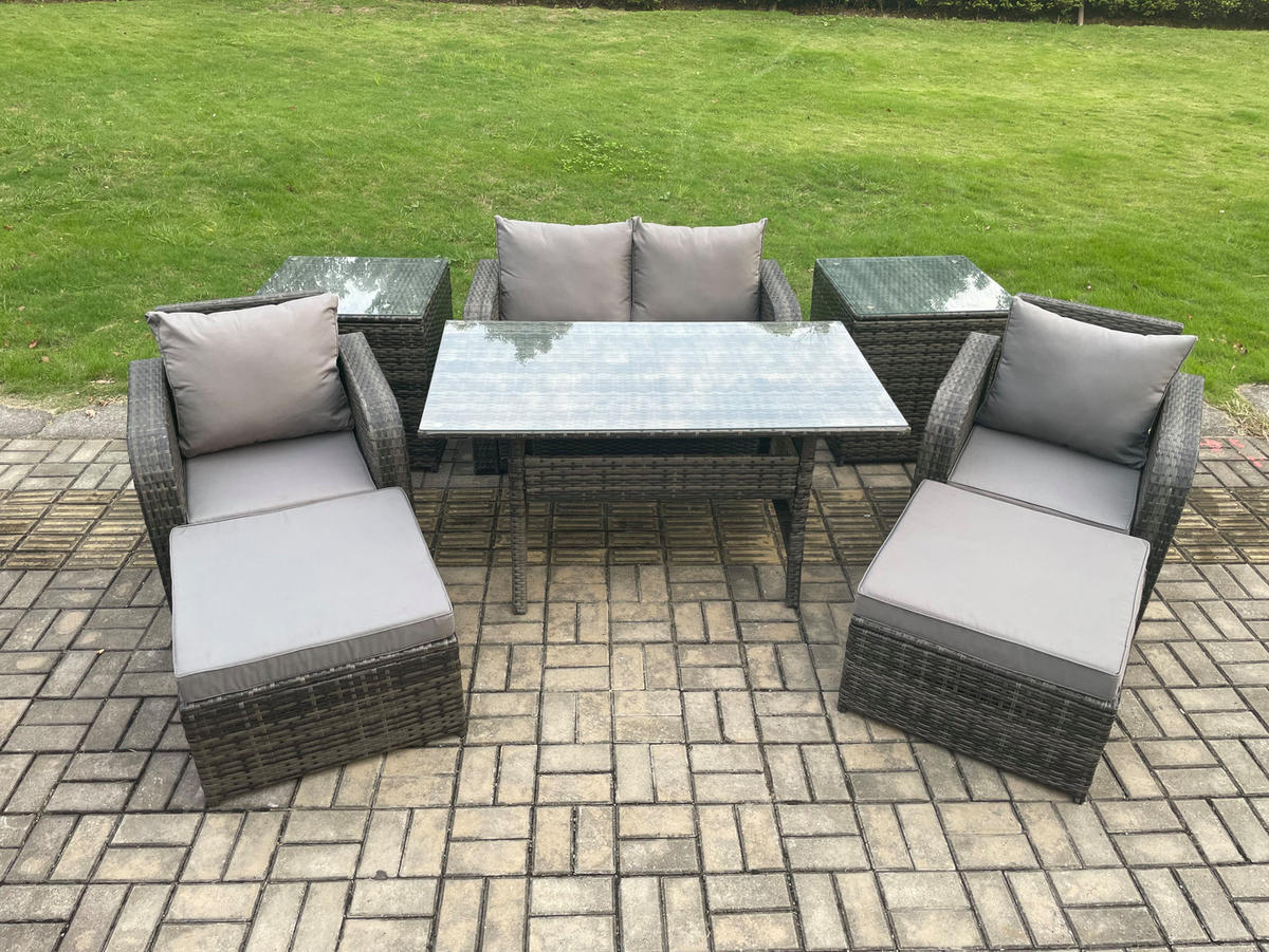 GARTENMÖBEL SET mit Hocker,Beistelltisch,Zweisitzer Polyrattan 6-Sitzer - Dunkelgrau/Grau, Glas/Kunststoff - Fimous