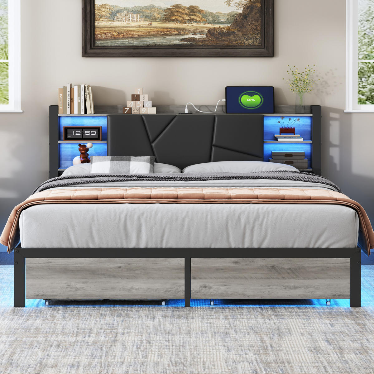 DOPPELBETT 140 x 200 cm, Kopfteil mit LED-Beleuchtung und USB-Anschlüssen, mit 2 Schubladen und Staufächern, PU - Schwarz, Holzwerkstoff - WoodenAura