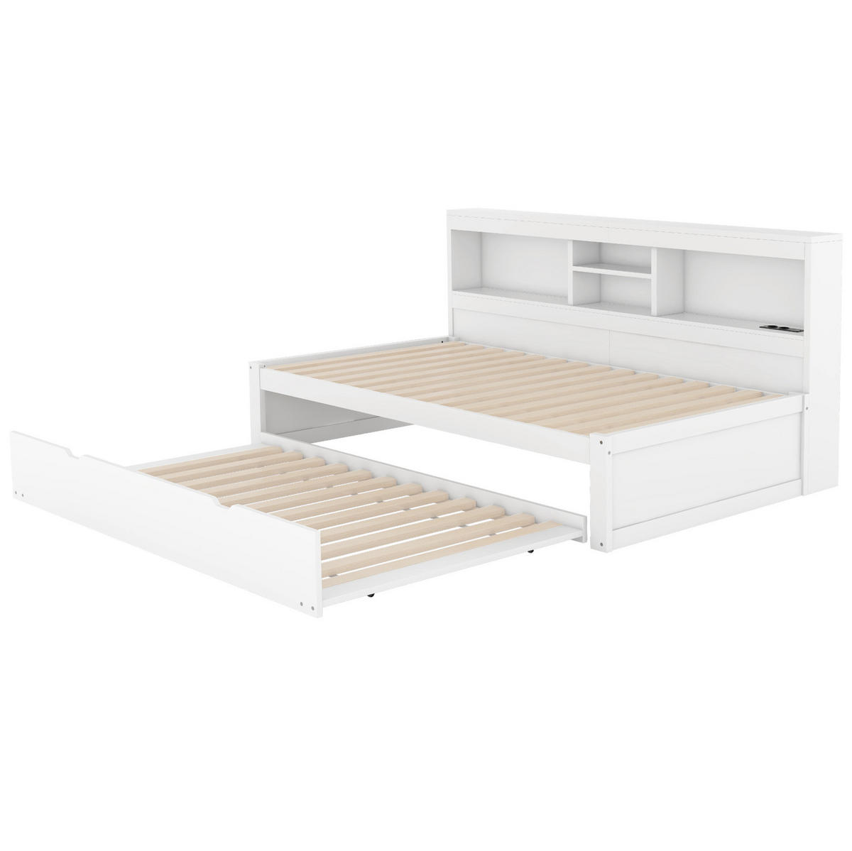 BETT 90/200 cm mit Ausziehbett, LED-Beleuchtung und Stauraum in Weiß - Weiß, Holzwerkstoff (90/200cm) - BEAOK
