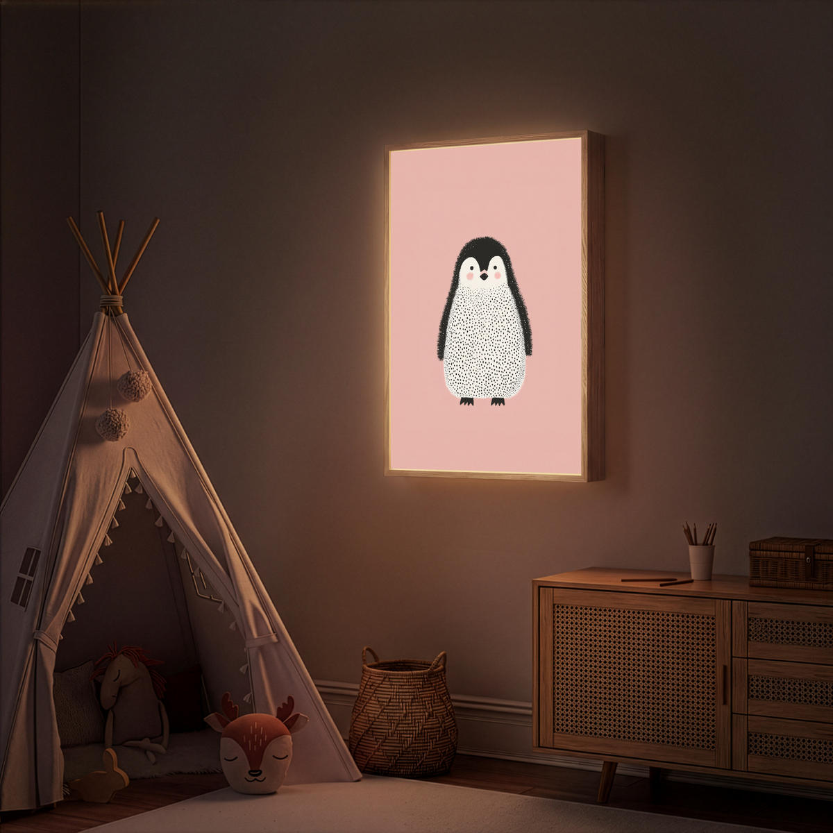 DOBÍJECÍ NOČNÍ LAMPIČKA Tučňák - Tečky - Minimalistický - Růžový 60x90 cm - růžová, kompozitní dřevo (8/60/90cm) - OnlyWow