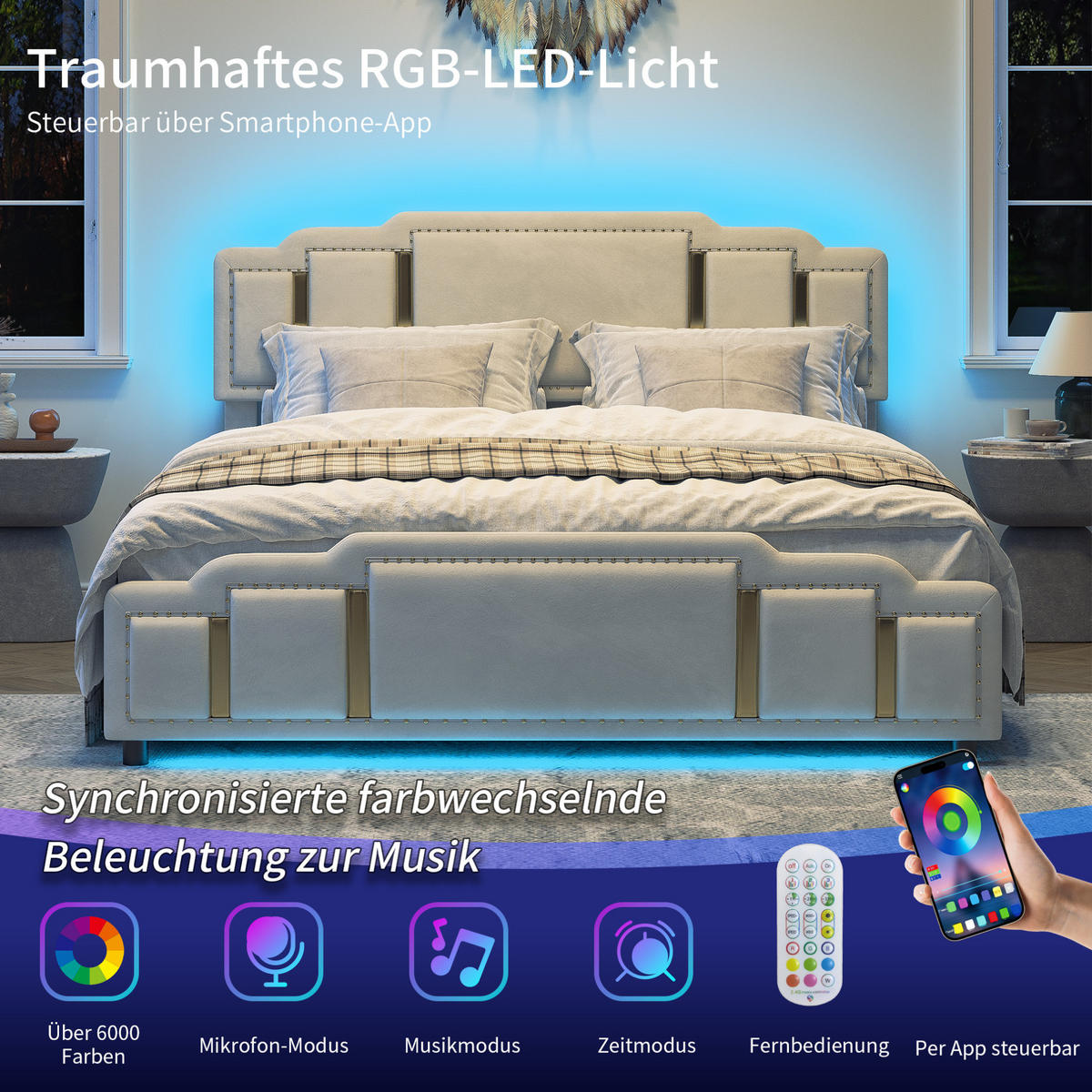 POLSTERBETT 160/200 cm aus Samt mit LED-Beleuchtung und 4 Schubladen Beige - Beige, Textil (160/200cm) - Modenvie