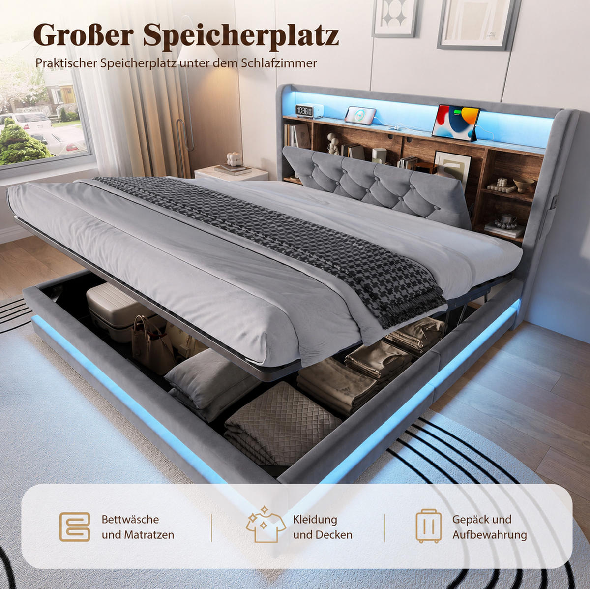 POLSTERBETT aus Samt 140x200 cm Dunkelgrau mit Bettkasten, LED-Beleuchtung, USB- und Type-C-Anschlüssen - Dunkelgrau, Textil (140/200cm) - Modfu