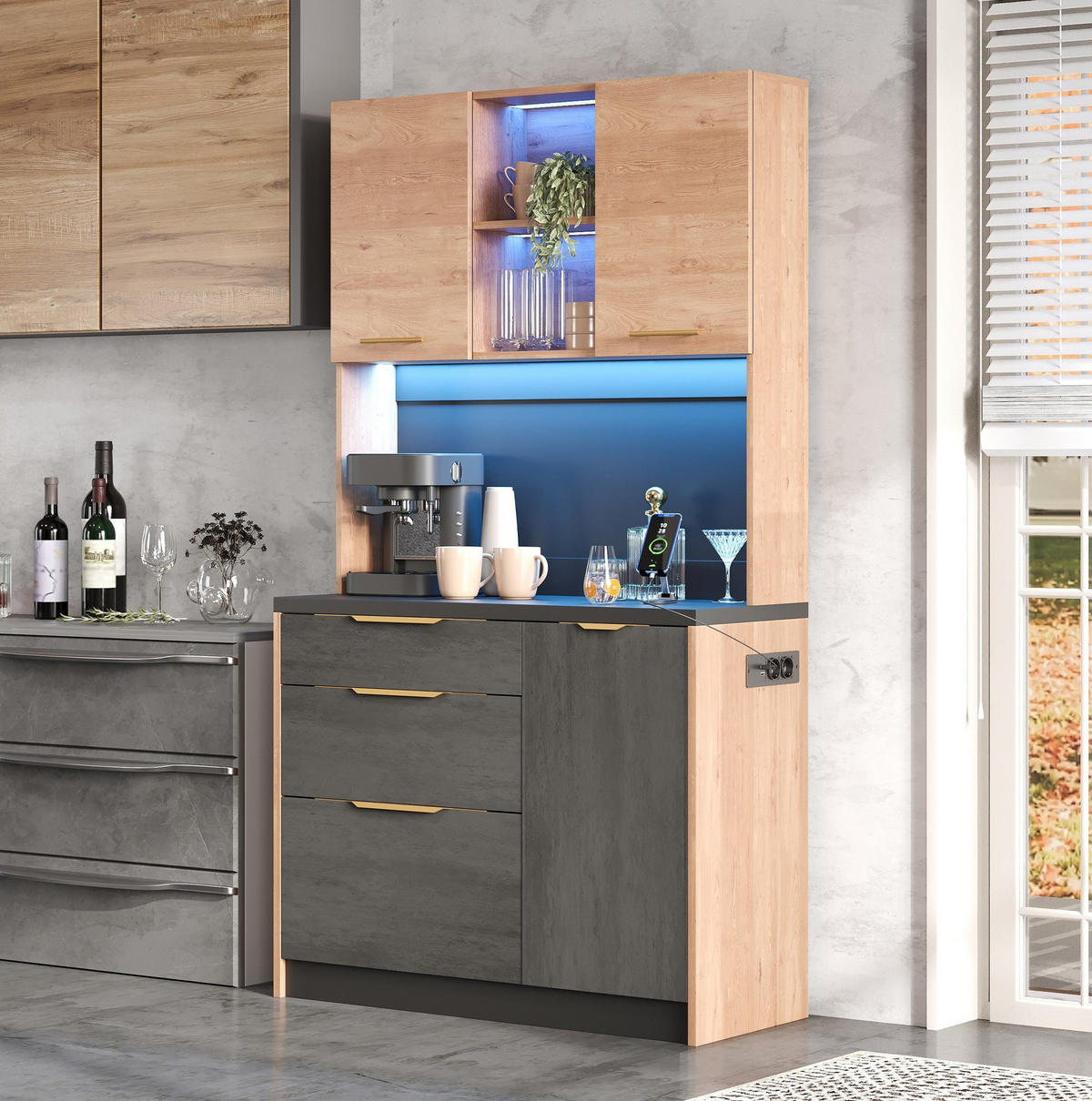 BUFFET 100/40/180 cm aus MDF mit LED-Beleuchtung Grau - Naturfarben, Holzwerkstoff (100/180/40cm) - Modenvie