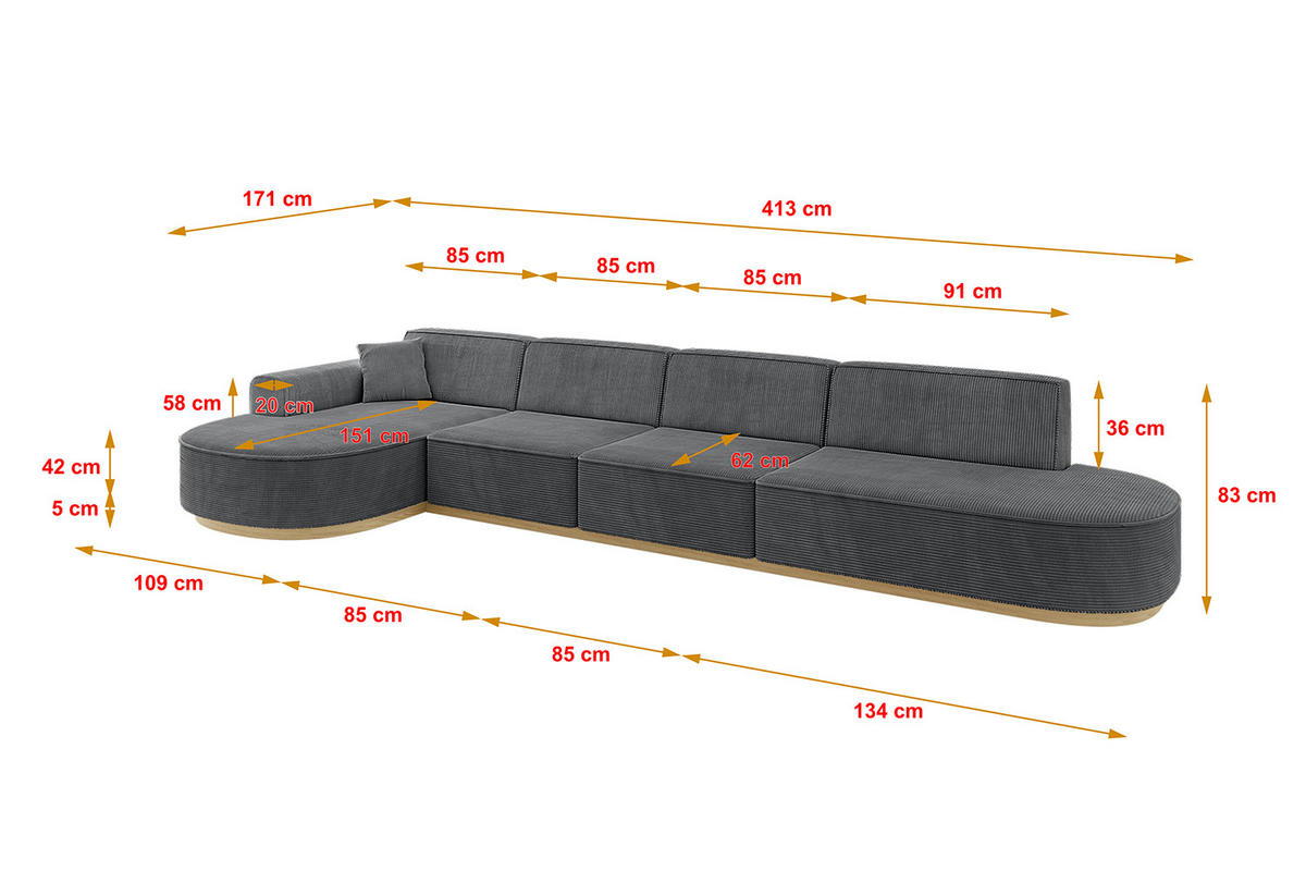 ECKSOFA Ottomane Links MARI-L3-v2 - 413x171x83 cm Dunkelgrau Cord - Dunkelgrau, Holzwerkstoff/Textil (413/171cm) - ALTDECOR