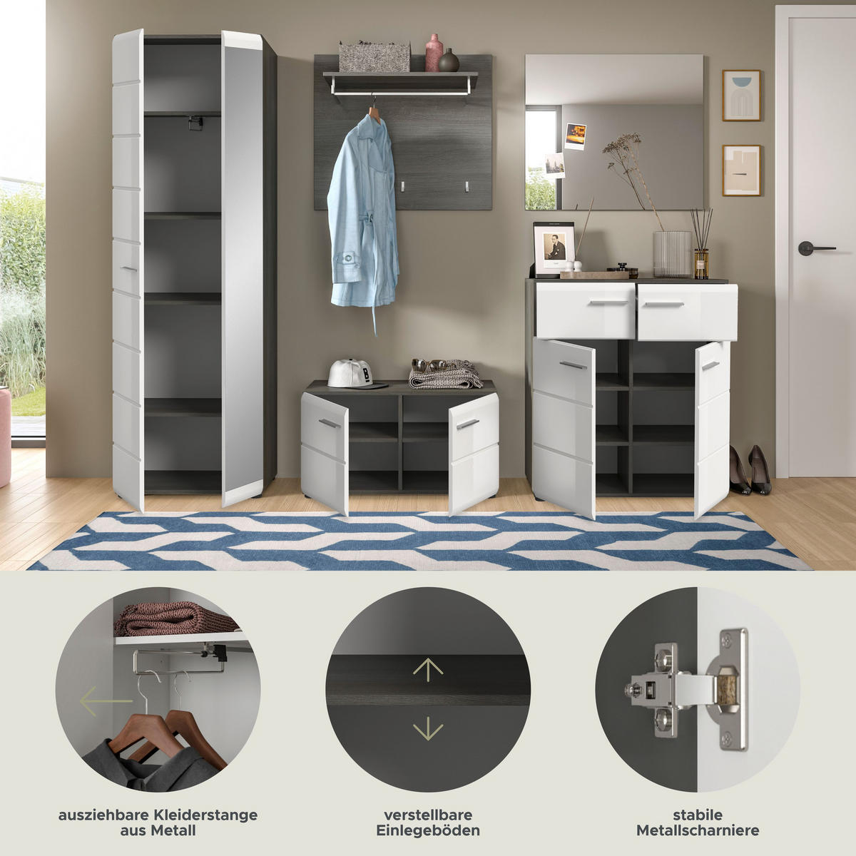 GARDEROBENKOMBINATION Salsa 250x192x37 cm Rauchsilber Weiß 5tlg. - Silberfarben, Holz (250/192/37cm)