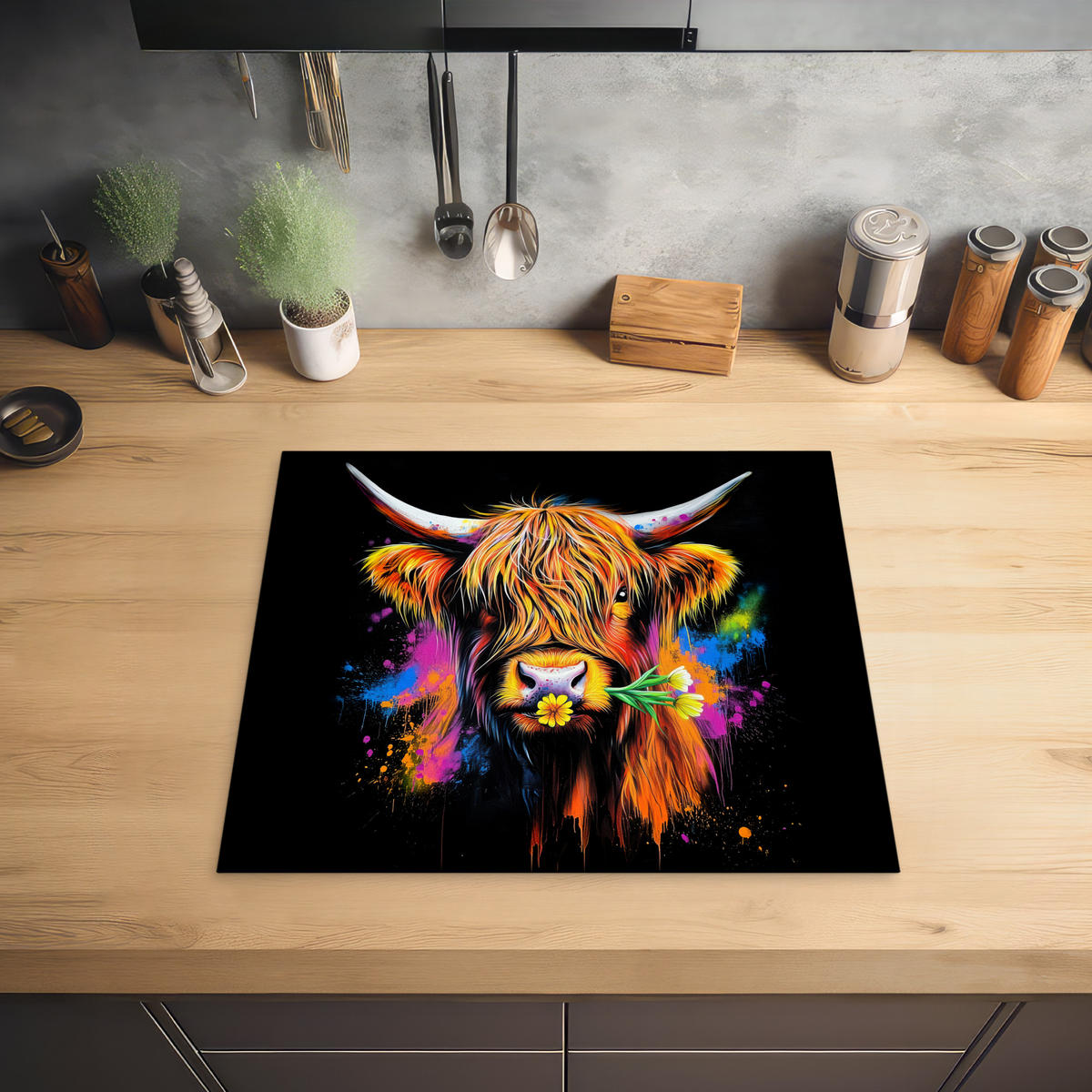 HERDABDECKPLATTE Schottischer Highlander - Graffiti - Bunt - Blume - Tiere Herdabdeckung Induktionsfeld 60x52 cm - Multicolor, Kunststoff (60/52/0.2cm) - MuchoWow