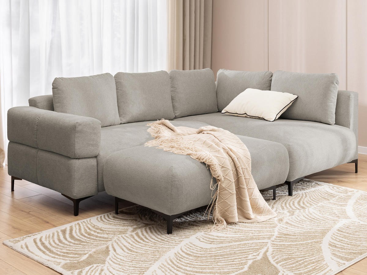 ECKSOFA inkl. Hocker Cardea mit Schlaffunktion in Bubble-Optik aus weichem Taupe Strukturstoff und hohem Sitzkomfort - Ottomane rechts - Taupe/Schwarz, Holz/Textil (230/170cm) - S-Style Möbel