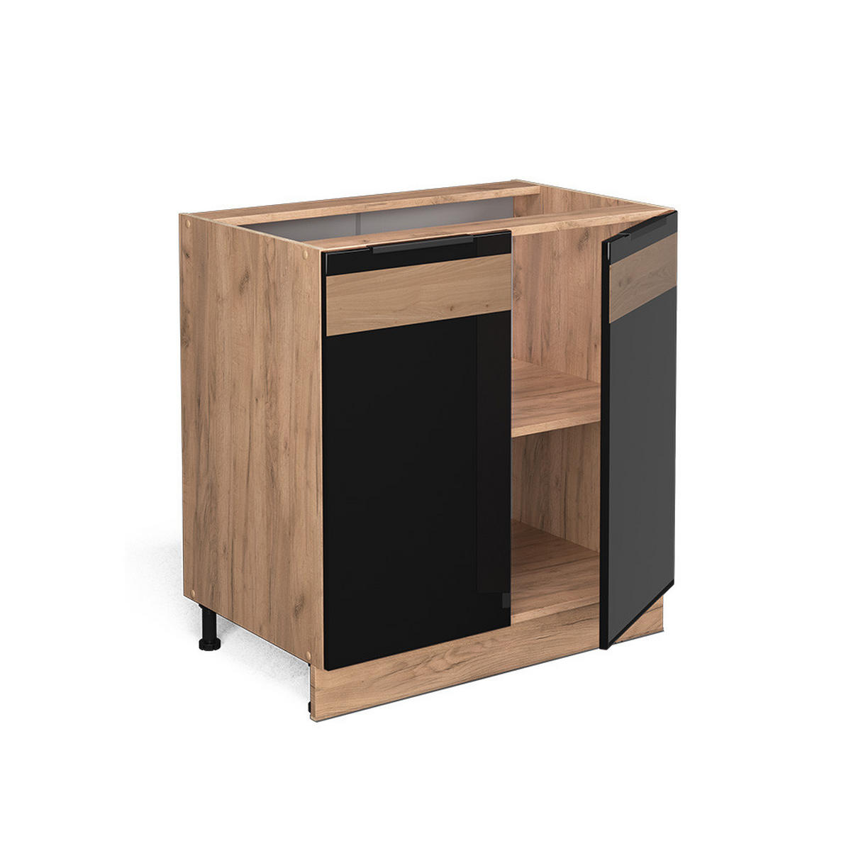 KÜCHENUNTERSCHRANK Fame-Line Schwarz Eiche hochglanz 80 cm mit Regal, AP Eiche - Schwarz Hochglanz/Eiche Wotan, Holzwerkstoff (80/82/60cm) - Vicco