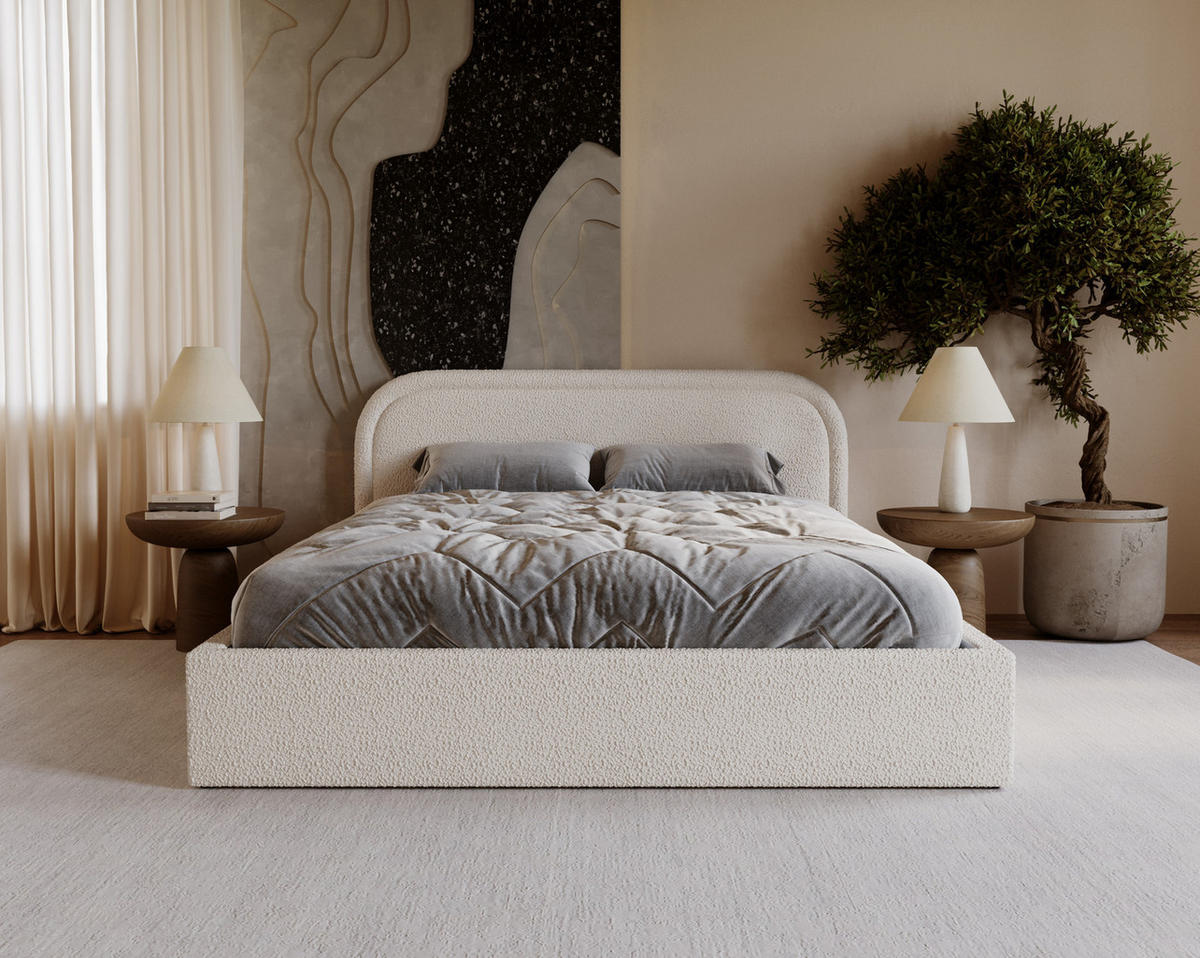 DOPPELBETT 180x200 Dune mit Bettkasten, runde Kopfteil, Bouclé, Creme - Creme, Holz/Textil (180/200cm) - Emporius