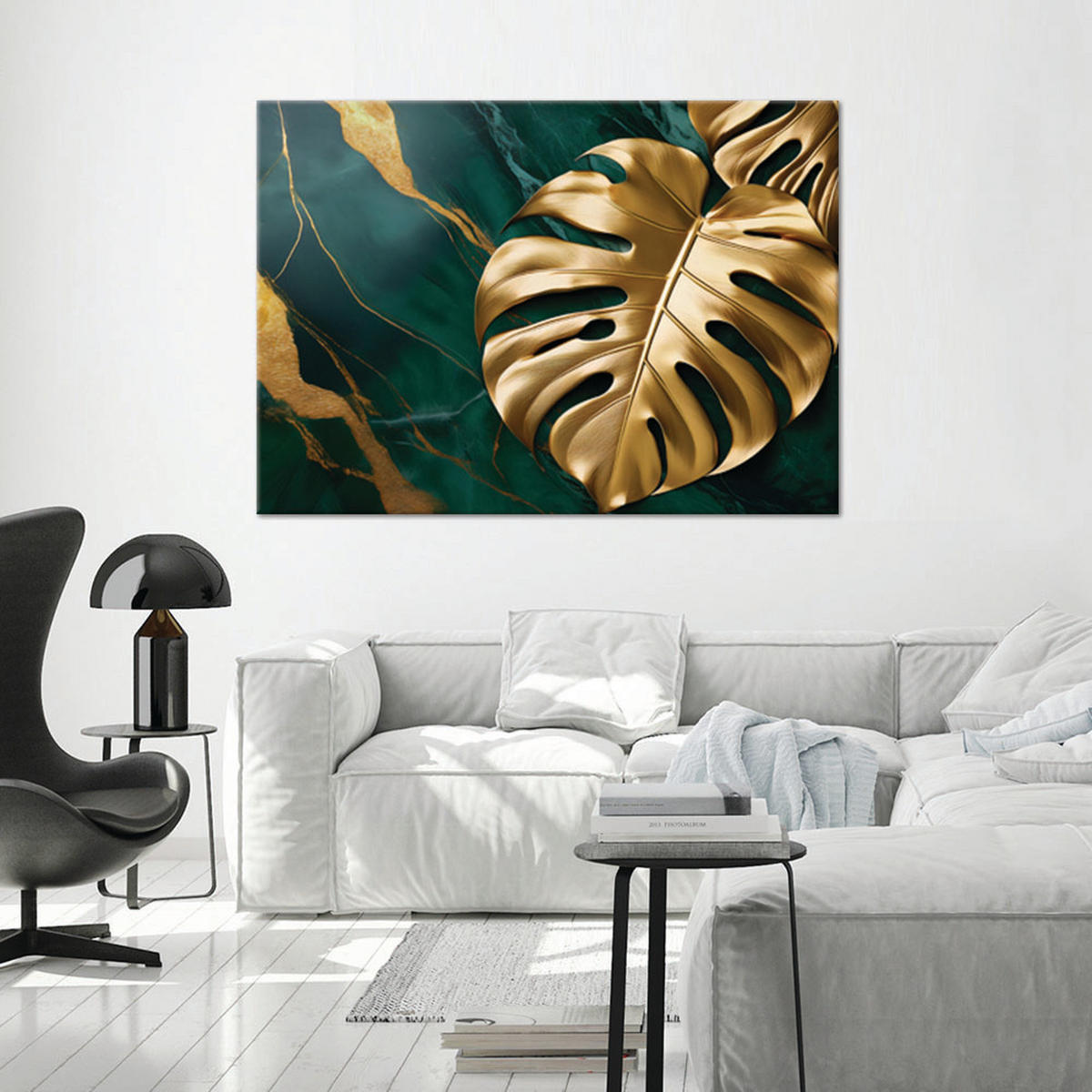 WANDBILD monstera goldblatt auf grünem marmor hintergrund - Goldfarben, Textil (60/40cm) - Feeby