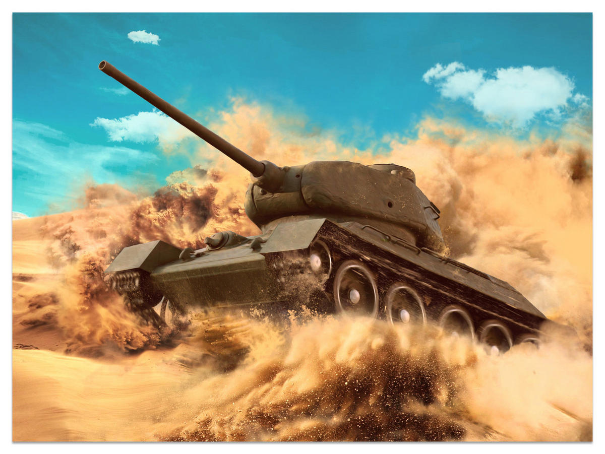 FOTOTAPETE für Jugendzimmer Kampfs Panzer Wüste Sand Dynamik 250x175 - Blau/Beige, Papier (250/175cm) - Muralo