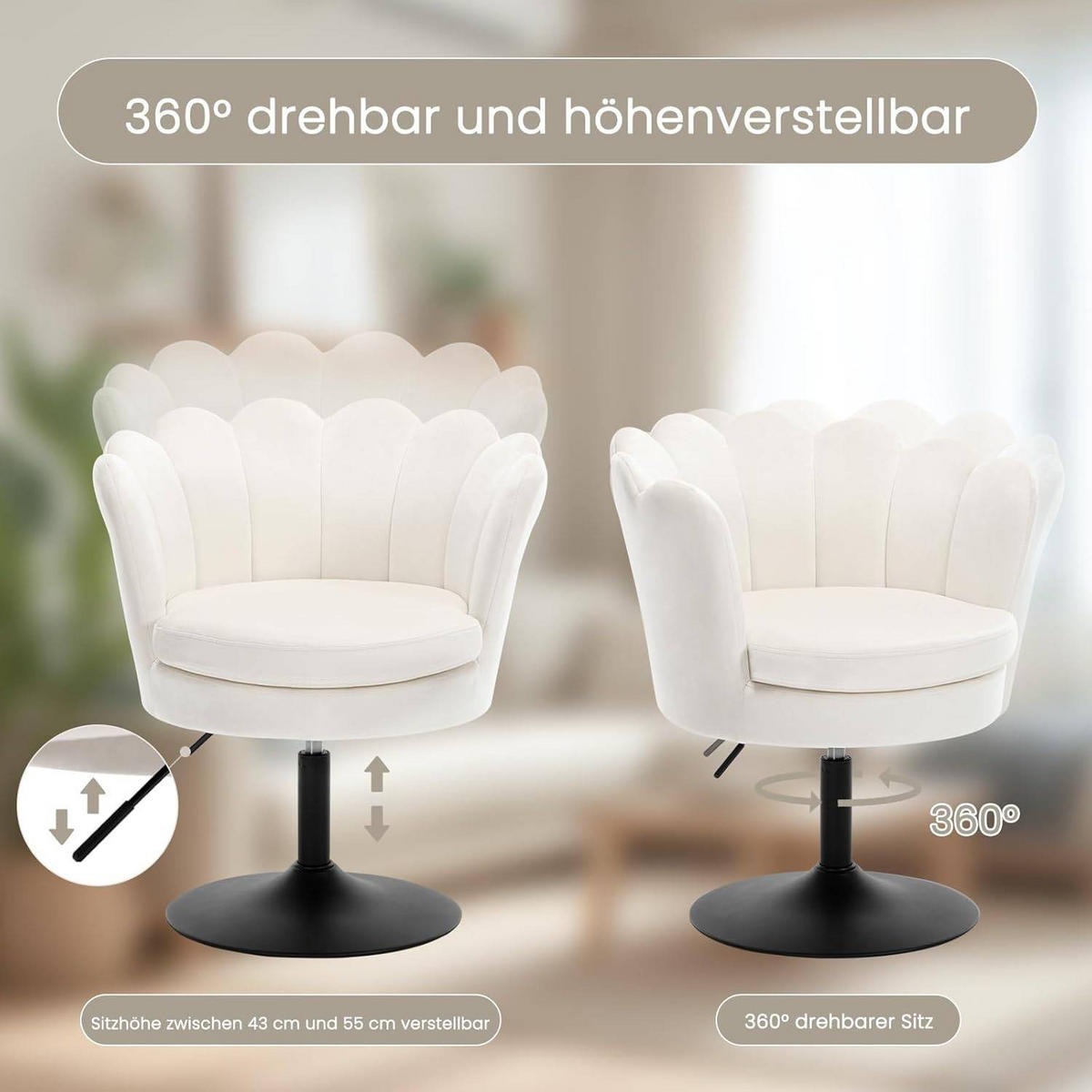 DREHSTUHL Blumenform, Samtbezug, Beige - Beige/Schwarz, Textil/Metall (65/71/61cm) - Woltu