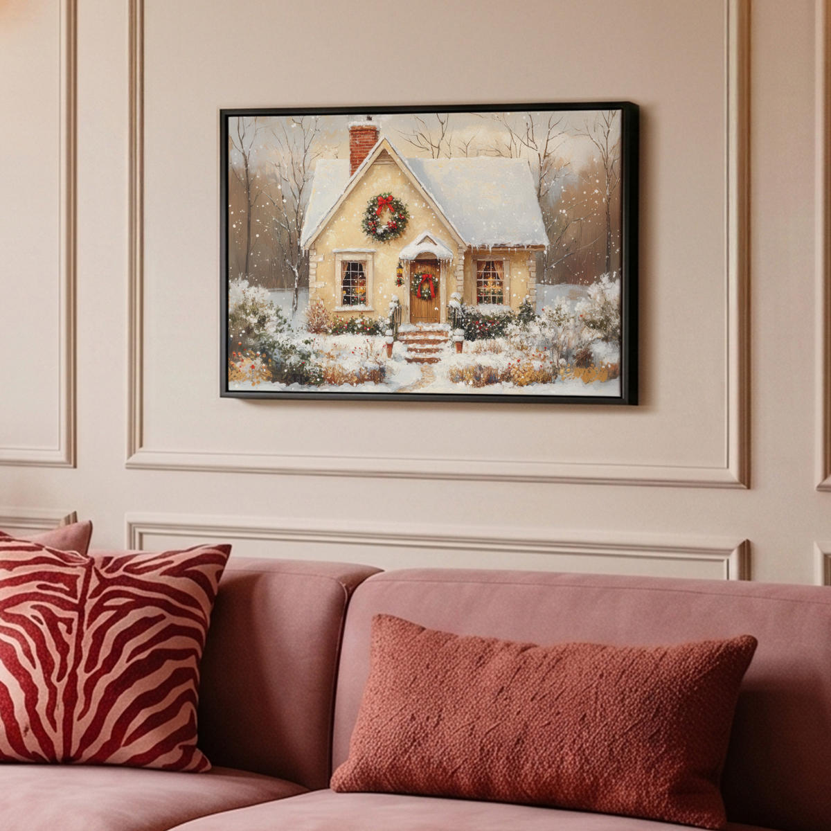 LEINWAND Bilder mit Rahmen - Weihnachten - Zuhause - Winter - Schnee - 60x40 - Creme, Textil (60/40cm) - MuchoWow