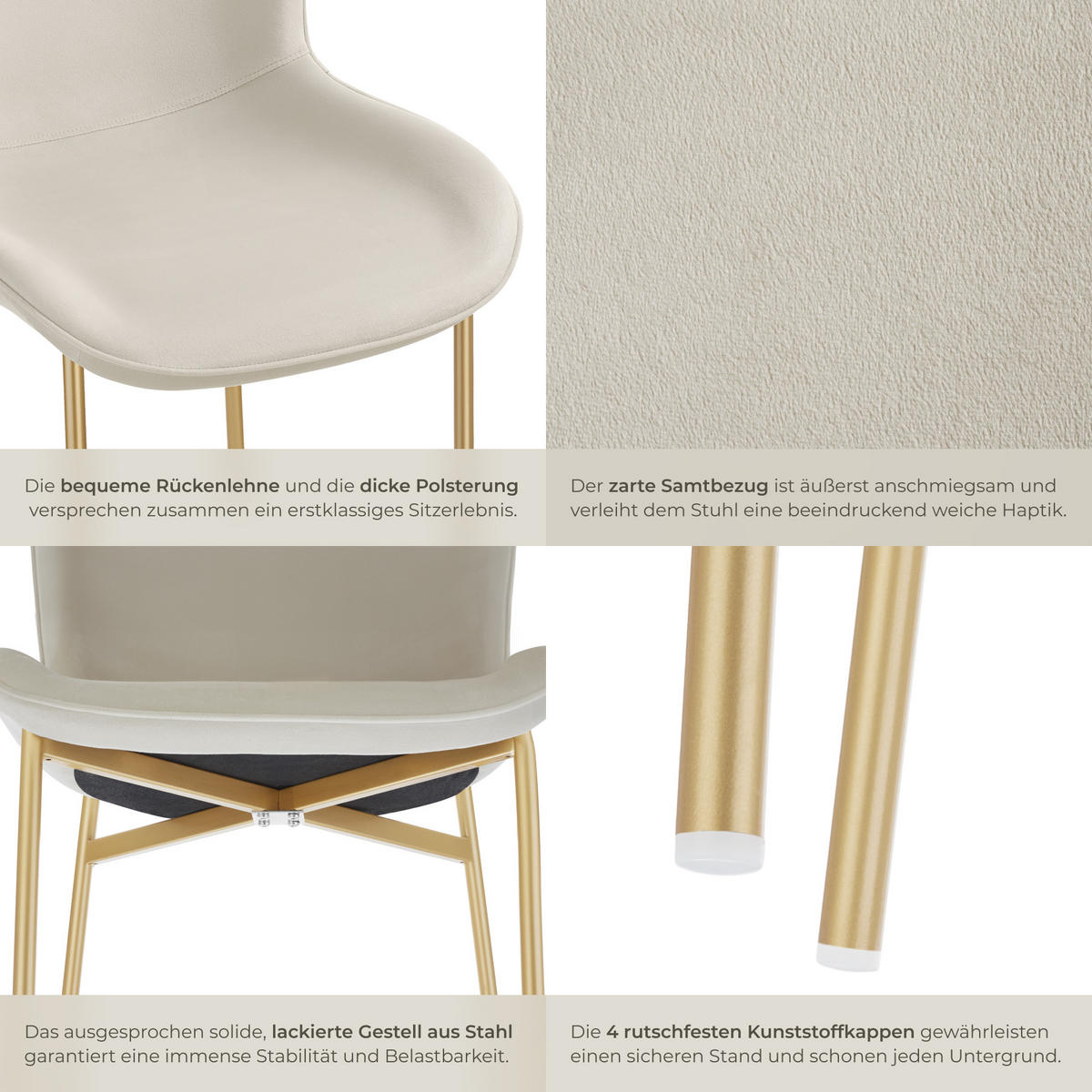 POLSTERSTUHL 4er Set Tessa 54 x 62 x 90 cm Samt beige/gold - Goldfarben/Samtahornfarben, Textil (54/90/62cm) - tectake