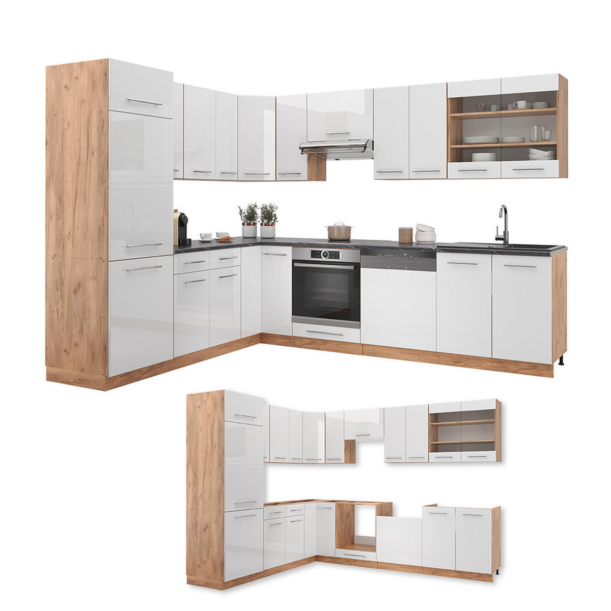 ECKKÜCHE Fame-Line Weiß Hochglanz/Goldkraft Eiche 227 x 60 cm ohne AP - Weiß Hochglanz/Eiche Wotan, Holzwerkstoff (287/81.6/46cm) - Vicco