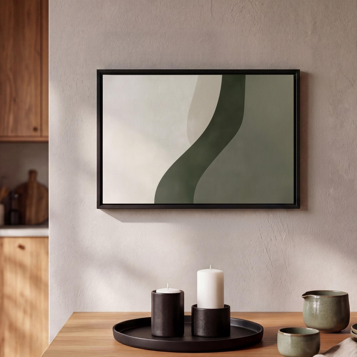 LEINWAND Bilder mit Rahmen - Japandi - Grün - Abstrakt - Modern - 30x20 - Salbeigrün, Textil (30/20cm) - MuchoWow