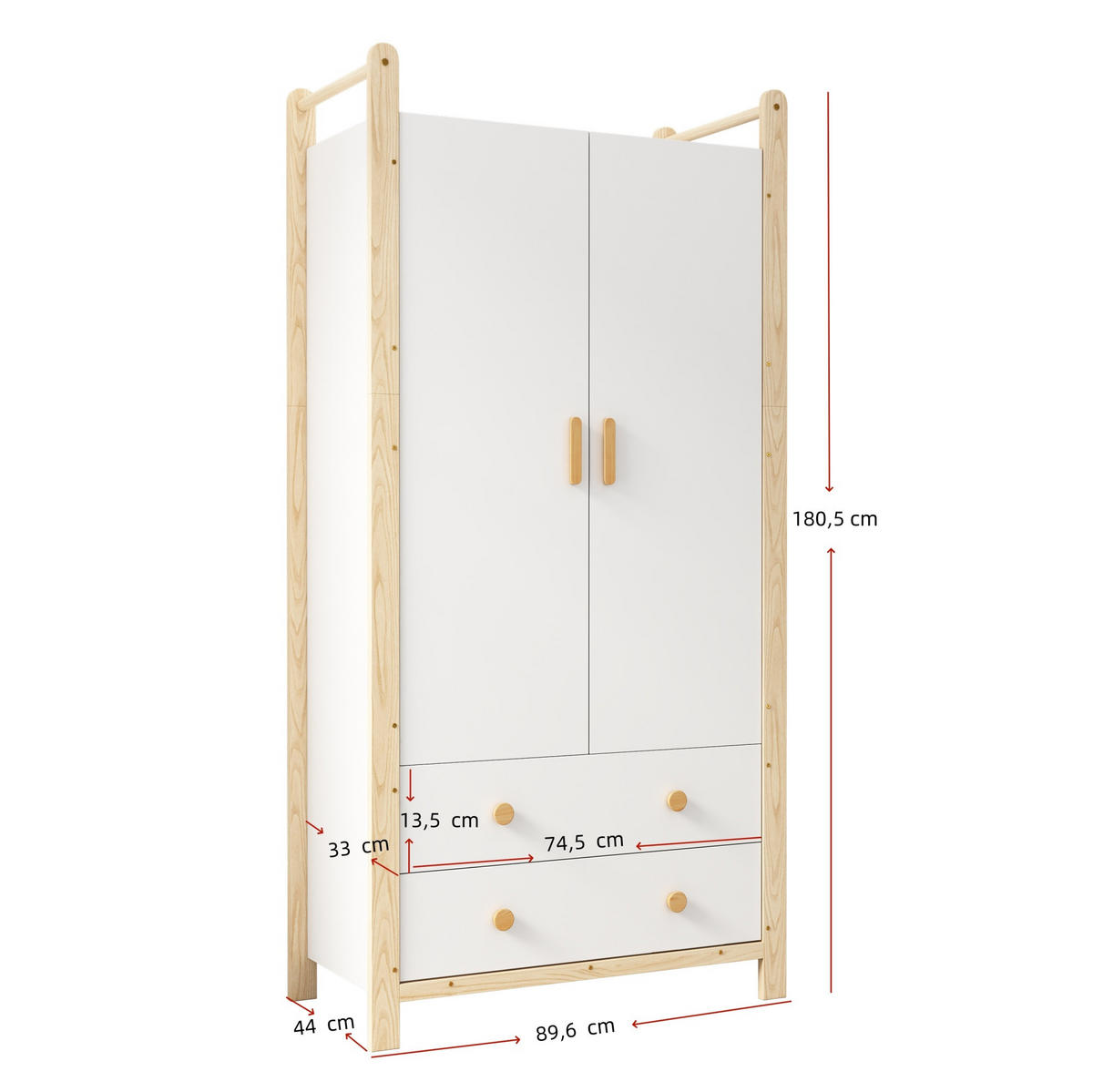 KLEIDERSCHRANK 89,6/180,5/44 cm Natur/Weiß aus Massivholz und MDF mit 2 Schubladen - Weiß, Holzwerkstoff (45/180/90cm) - OKMYHOME