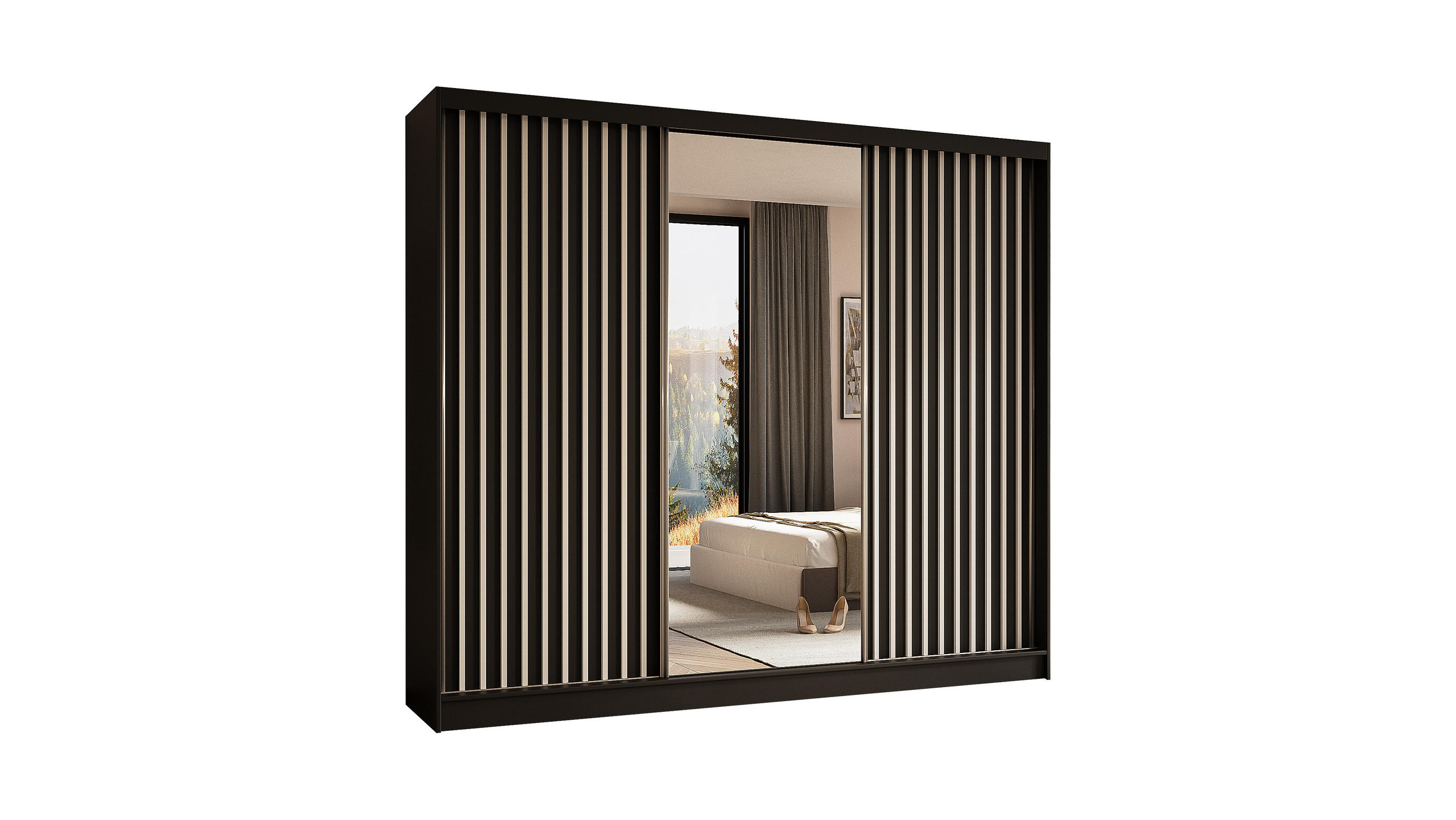 KLEIDERSCHRANK mit Spiegel-Schiebetüren und Aluminium-Leisten - LAMELO - 240 cm Schwarz+Schwarz+Weiß - Schwarz/Weiß, Holzwerkstoff (240/216/61cm) - ALTDECOR