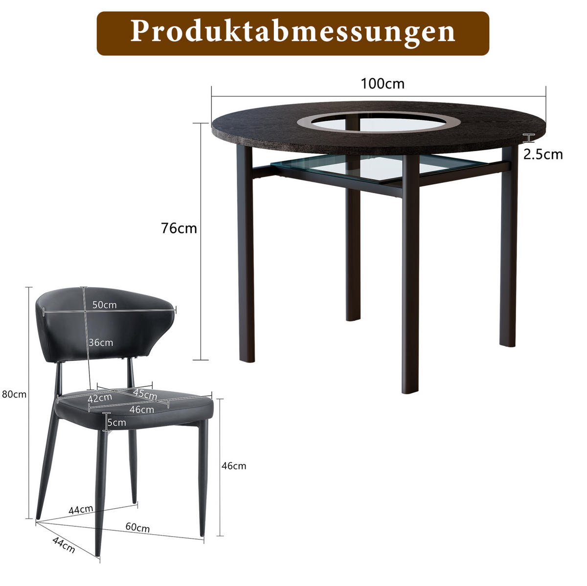 ESSZIMMER-TISCH-SET 100 cm Schwarz mit 2 Stühlen - Schwarz, Metall (100/76/100cm) - Meubliv