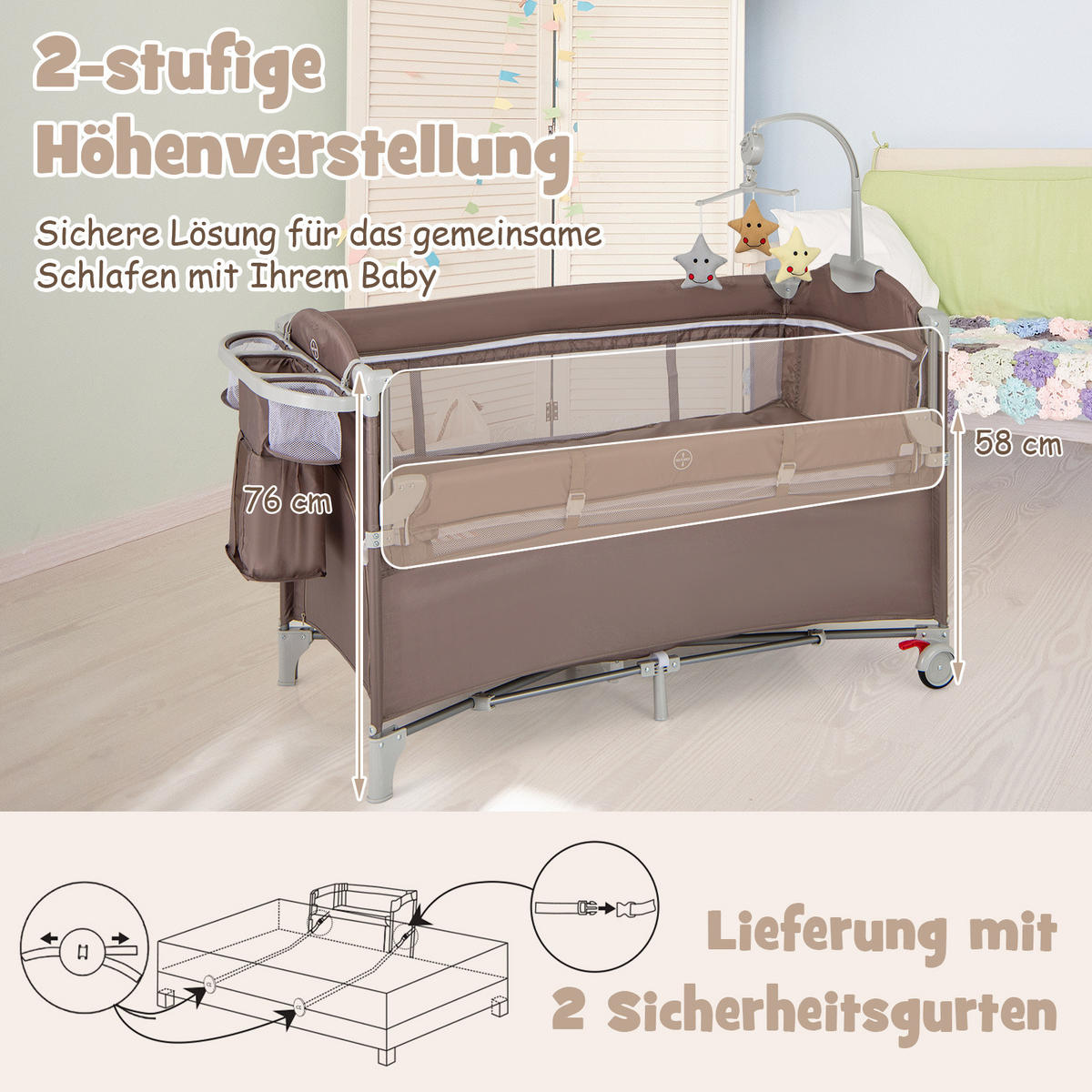 BEISTELLBETT Braun - Braun, Textil - COSTWAY