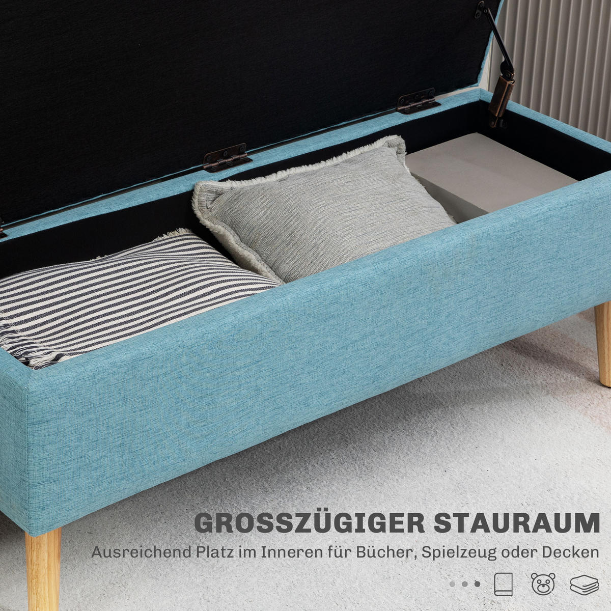 SITZBANK Polsterbank mit Stauraum scandinavia Truhenbank Polyester Holz Blau - Blau, Kunststoff (39/45/110cm) - HOMCOM