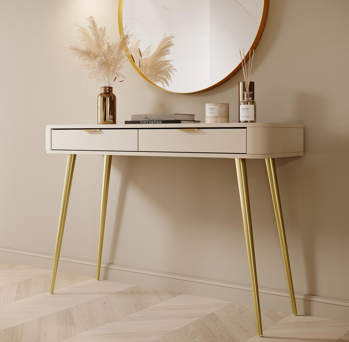 KONSOLENTISCH Oval Beige 112 cm - Beige/Goldfarben, Holzwerkstoff/Metall (38/112/78cm) - Selsey