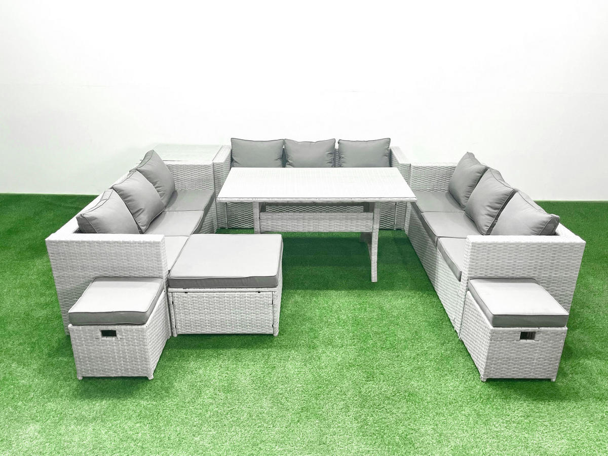 GARTENSET mit Esstisch,Sofa ,Beistelltisch,3 Fußhocker Polyrattan Hellgrau 12-Sitzer - Hellgrau/Grau, Glas/Kunststoff - Fimous