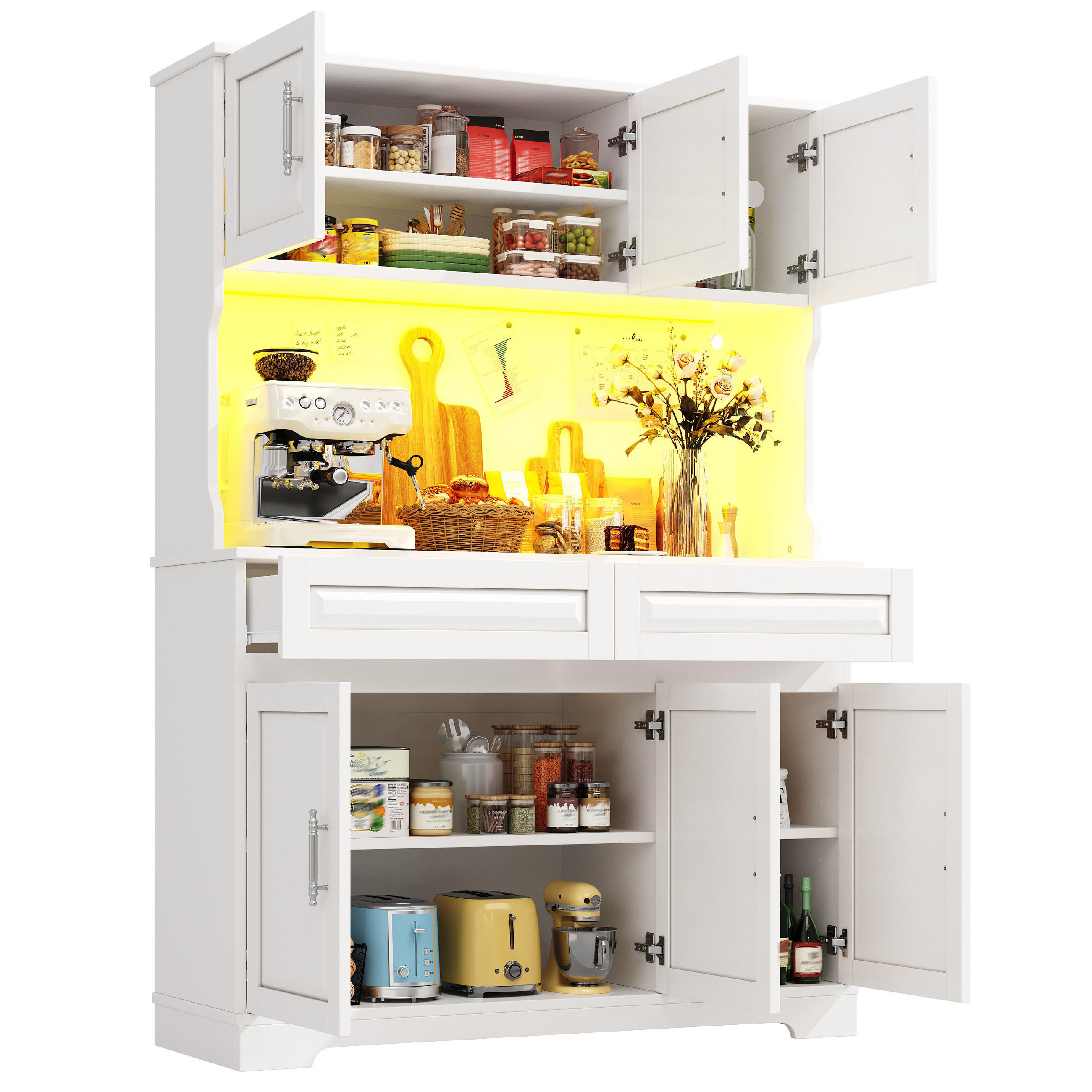 BUFFET Küchenschrank mit Arbeitsplatte, ergonomischer Höhe, LED-App-Steuerung, Weiß, 120/60/90 cm, MDF/Set - Weiß, Glas/Holzwerkstoff (108/180/40cm) - EVRYAE