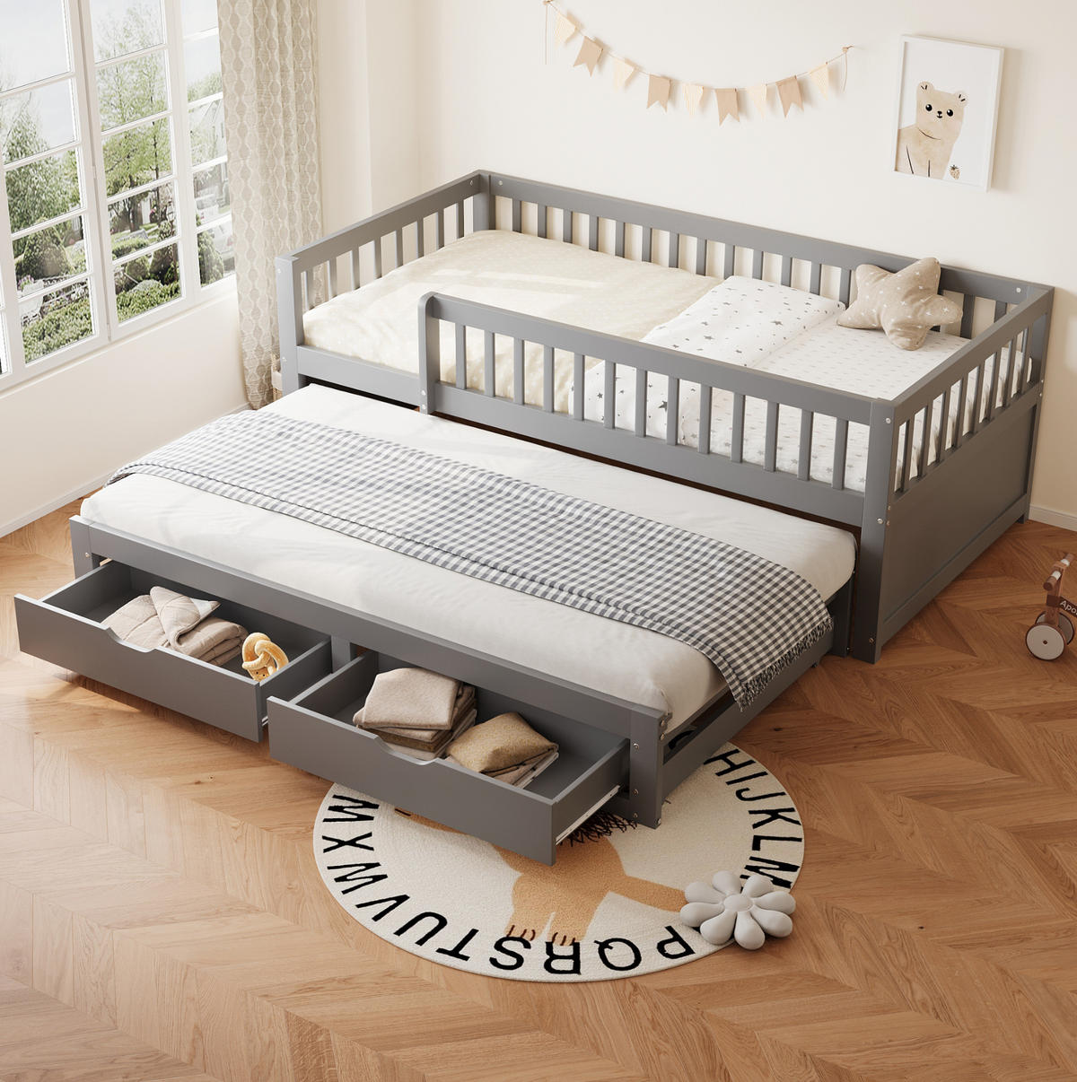 MULTIFUNKTIONSBETT 90/200 cm grau aus Holz mit Ausziehbett und 2 Schubladen - Grau, Holzwerkstoff (90/200cm) - OKWISH
