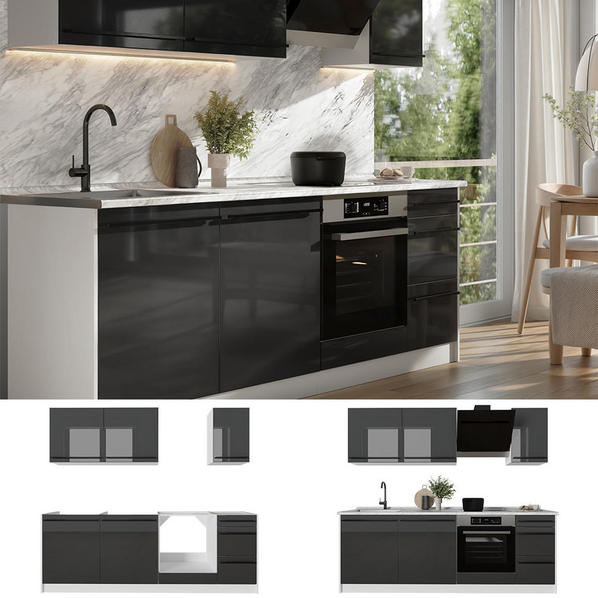 KÜCHENZEILE R-Line, Anthrazit Hochglanz/Weiß, 220 cm Arbeitsplatte Goldkraft Eiche - Schwarz Hochglanz/Weiß, Holzwerkstoff (220/81.6/60cm) - Vicco
