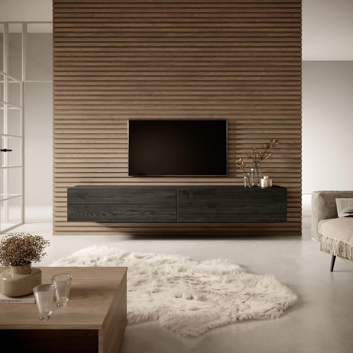 TV stolek BISIRA černý jasan 200 cm - černá, kompozitní dřevo (200/30/31.6cm) - Selsey