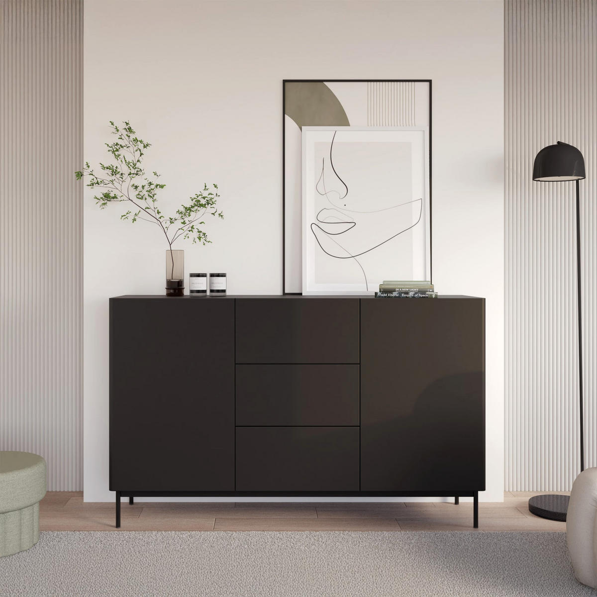 SIDEBOARD Olio SCHWARZ 160 CM - Schwarz, Holzwerkstoff/Metall (160/90/38.6cm) - Selsey