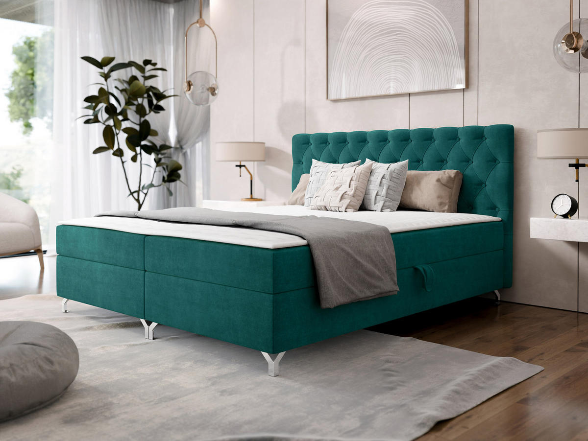 BOXBETT Chester 2 - Smaragdgrün/Silberfarben, Holz/Textil (140/200cm) - MIRJAN24