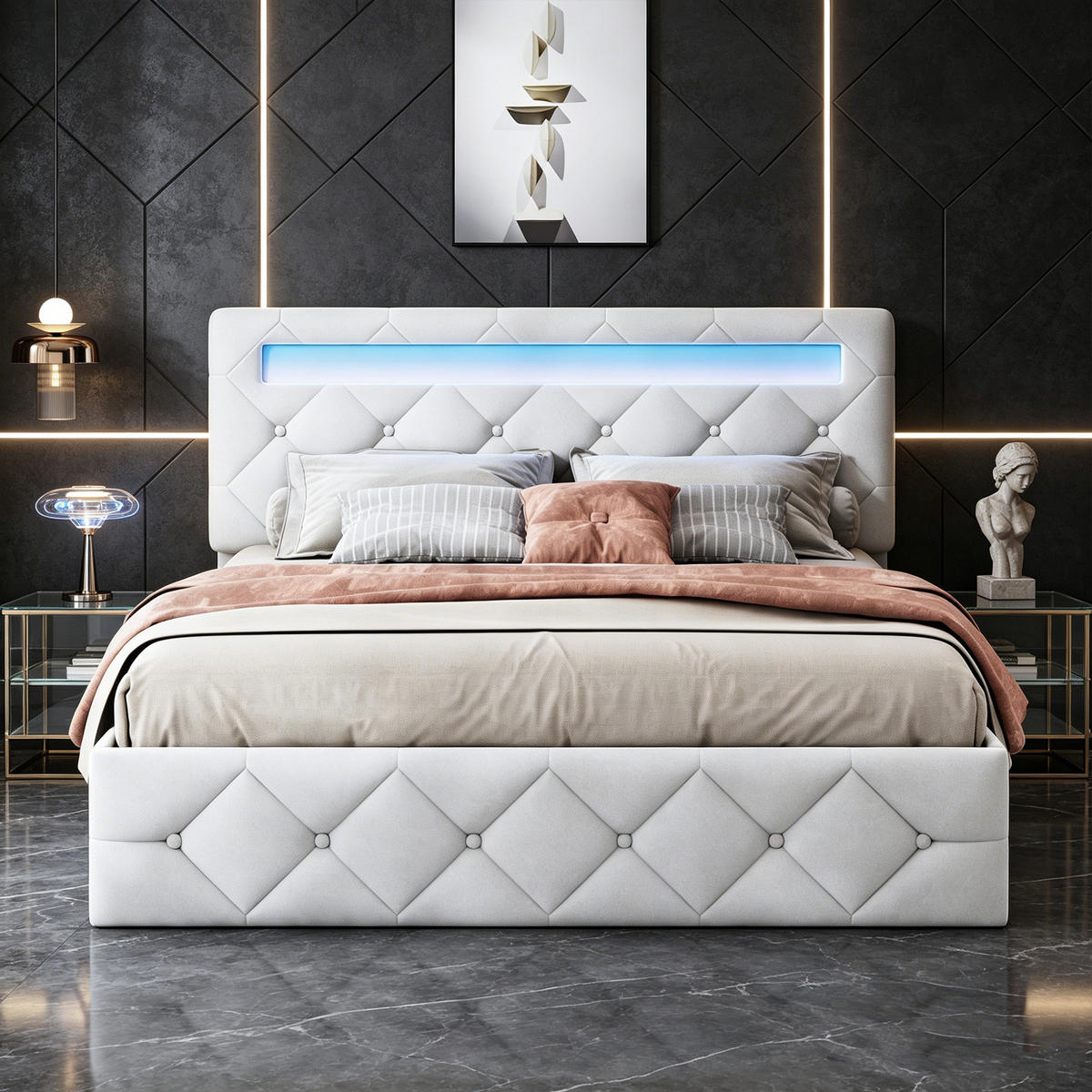 POLSTERBETT 140x200, Stauraumbett mit Bettkasten und Lattenrost, LED, Samt, beige - Beige, Holzwerkstoff/Textil (140/200cm) - GENKI LIVING