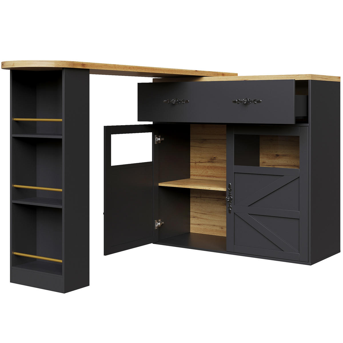 KÜCHENINSEL aus MDF 138-204x39x104cm in Schwarz mit 360° Drehfunktion - Schwarz, Holzwerkstoff (39/104/204cm) - Modfu