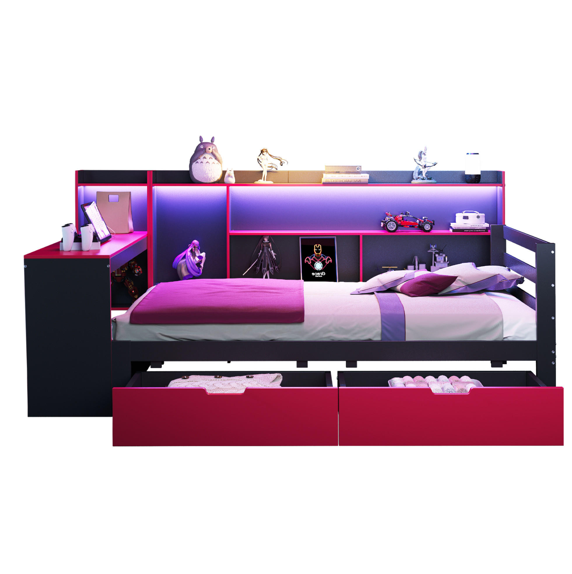FUNKTIONSBETT 90/200 cm mit Schreibtisch, LED, USB-Steckdosen und 2 Schubladen, Schwarz/Rot - Schwarz, Holzwerkstoff (90/200cm) - Redom