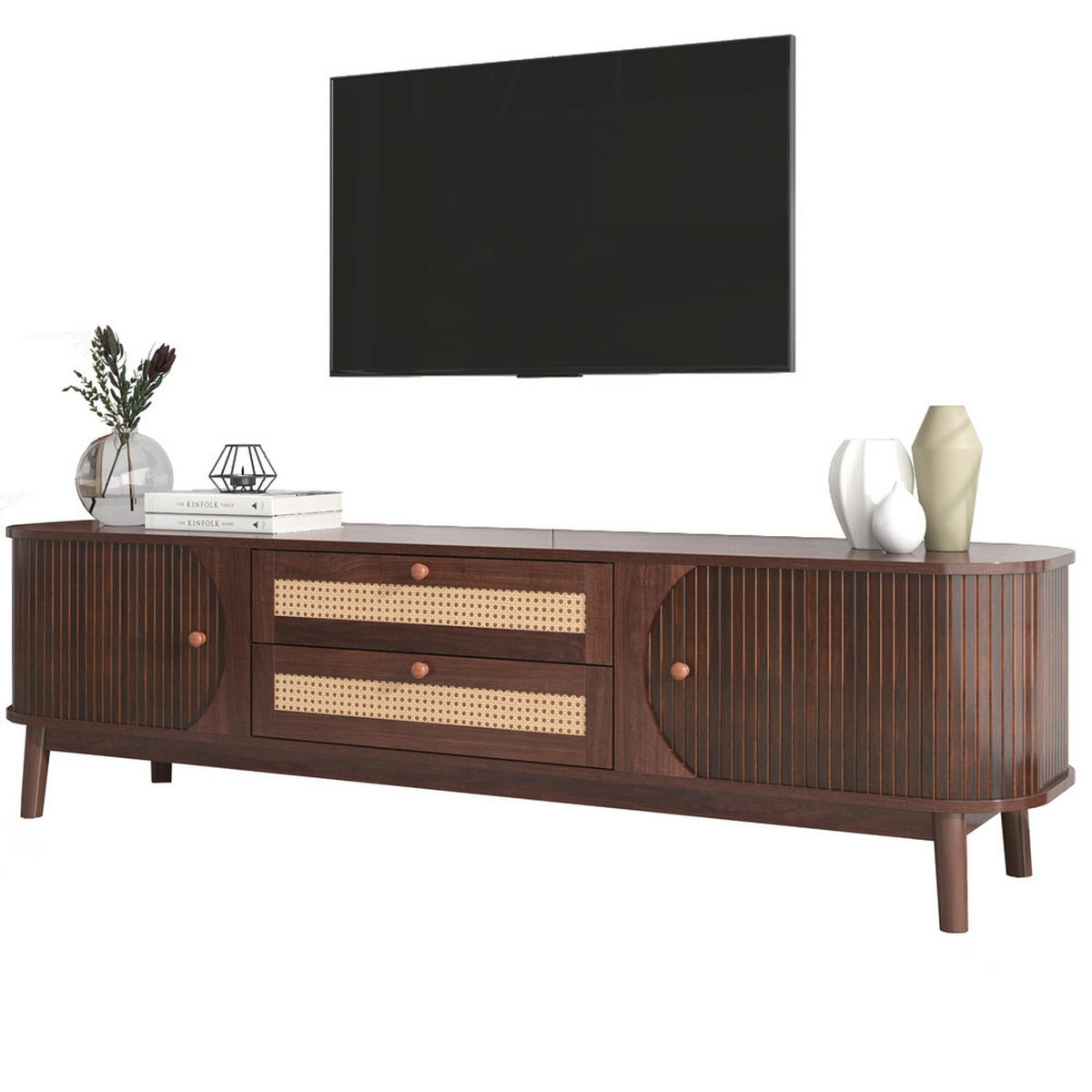 TV-SCHRANK Landhausstil mit Türen & Schubladen Rattanseiten Natur - Braun, Holz (39.5/46/170cm) - FLIEKS
