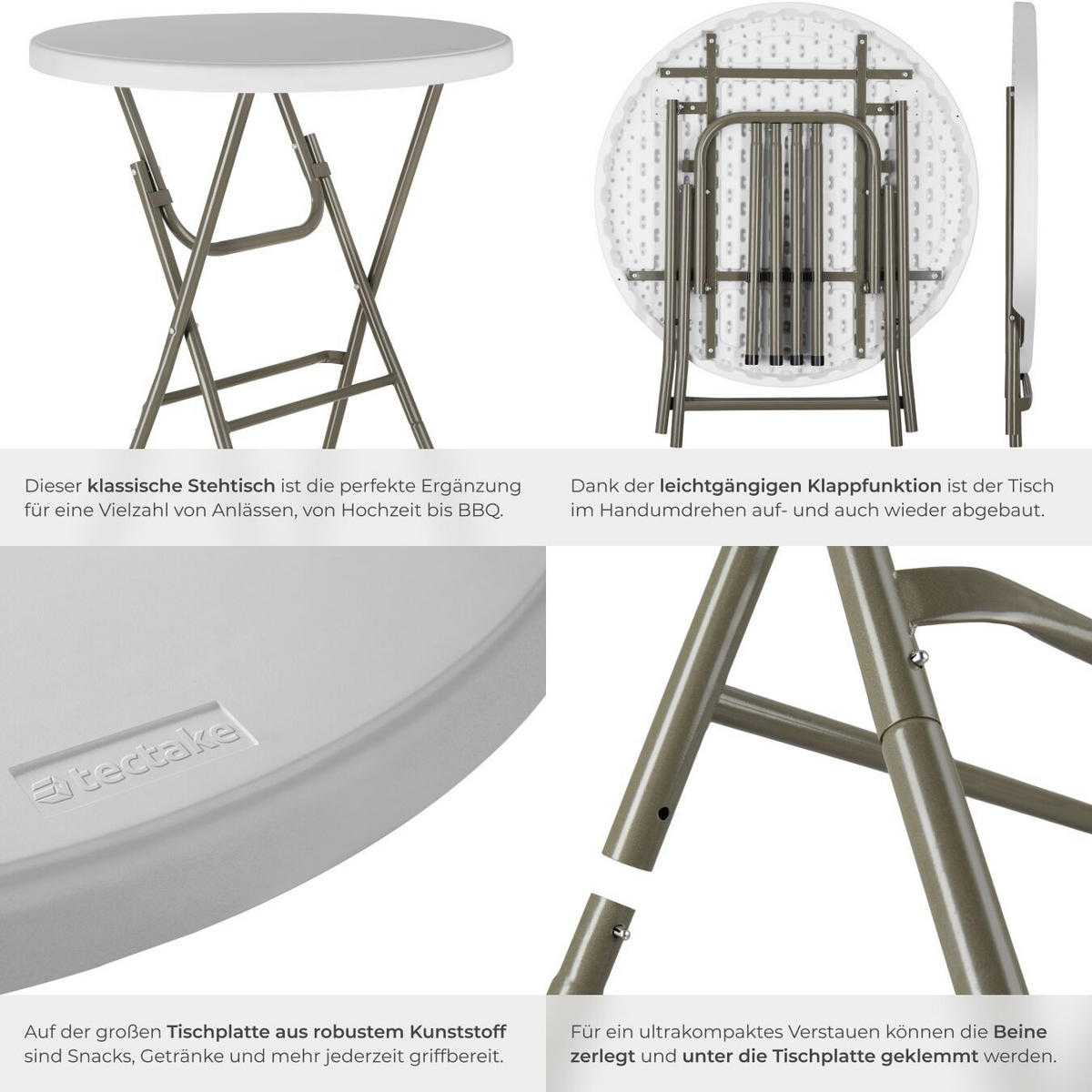 STEHTISCH Pascal,standfest mit bodenschonenden Kunststofffüßen,weiß - Weiß, Metall (80/80/110cm) - tectake