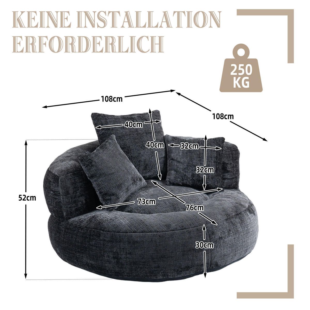 SITZSACK mit Armlehnen 108 x 108 x 52 cm Chenille Black - Schwarz, Kunststoff (108/52/108cm) - Beauniv