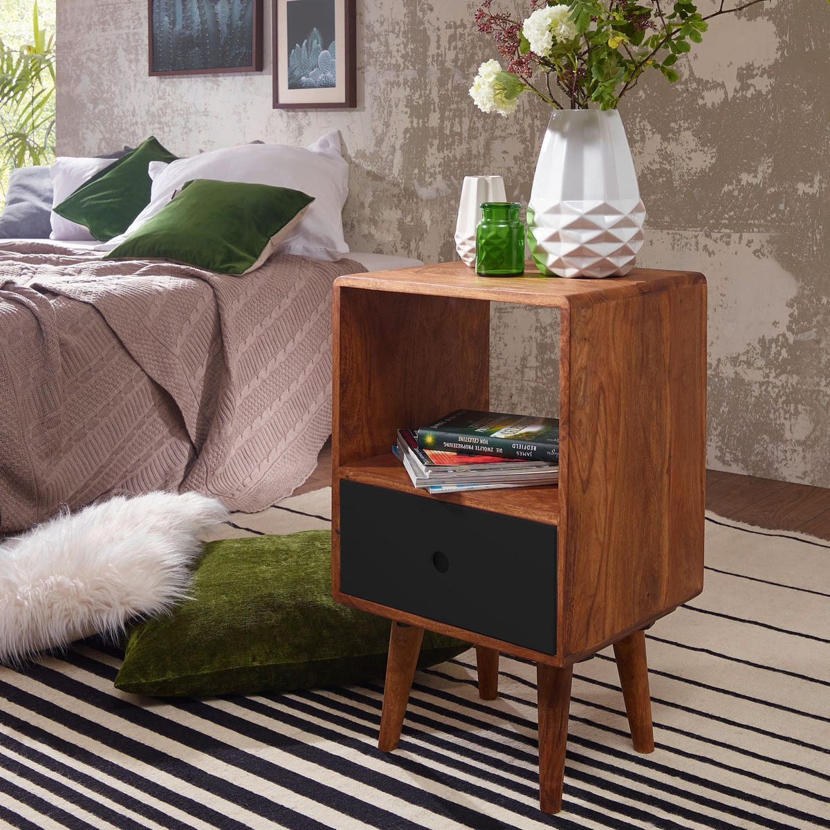 NACHTTISCH – Massivholz, 70 cm hoch, Retro-Stil, für Boxspringbett - Schwarz/Braun, Holz (40/70/35cm) - KADIMA DESIGN